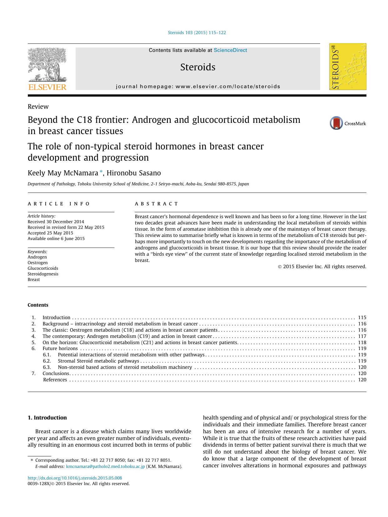 Beyond the C18 frontier: Androgen and glucocorticoid metabolism in breast cancer tissues: The role of non-typical steroid hormones in breast cancer development and progression by Keely May McNamara & Hironobu Sasano