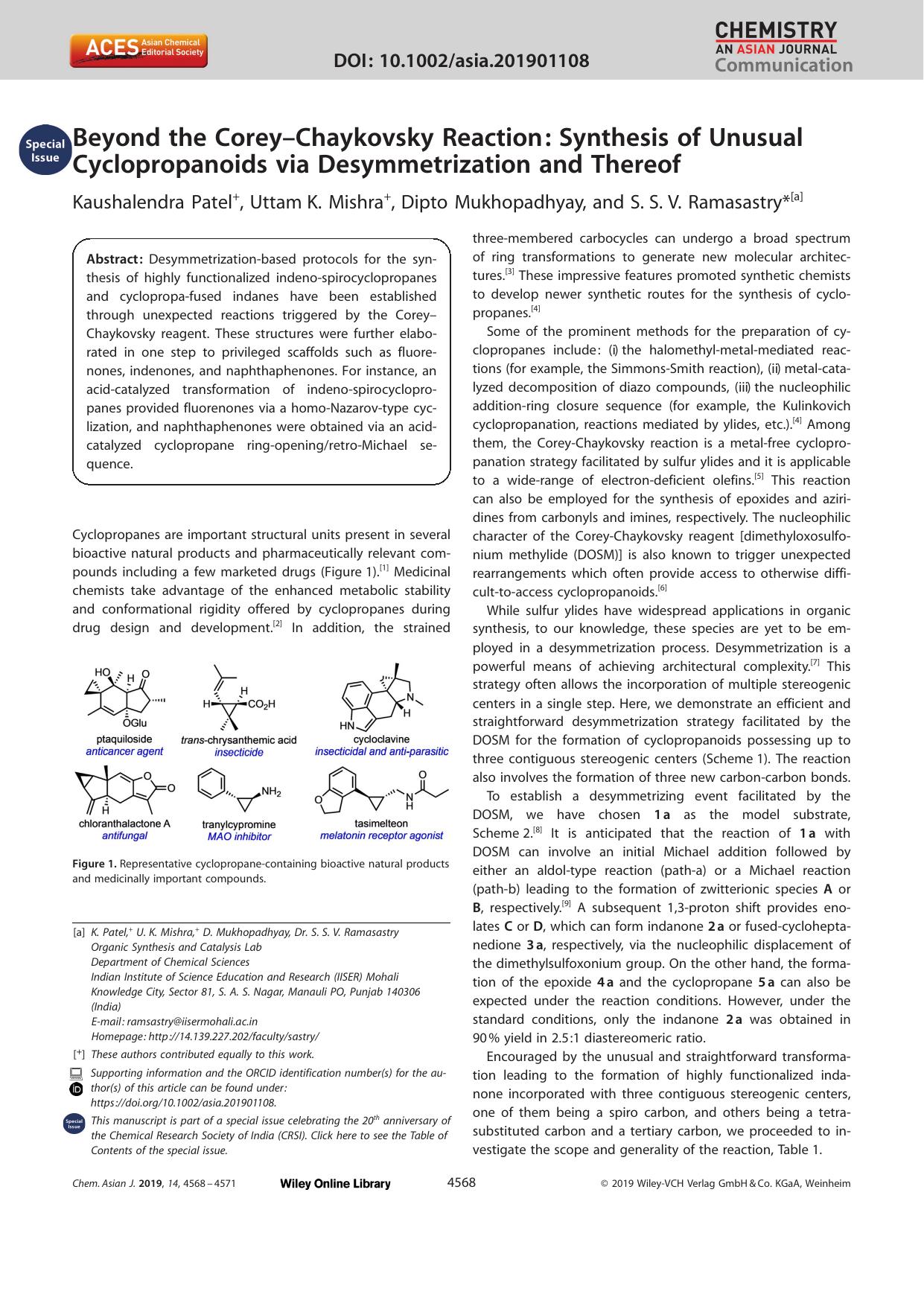 Beyond the CoreyâChaykovsky Reaction: Synthesis of Unusual Cyclopropanoids via Desymmetrization and Thereof by Unknown