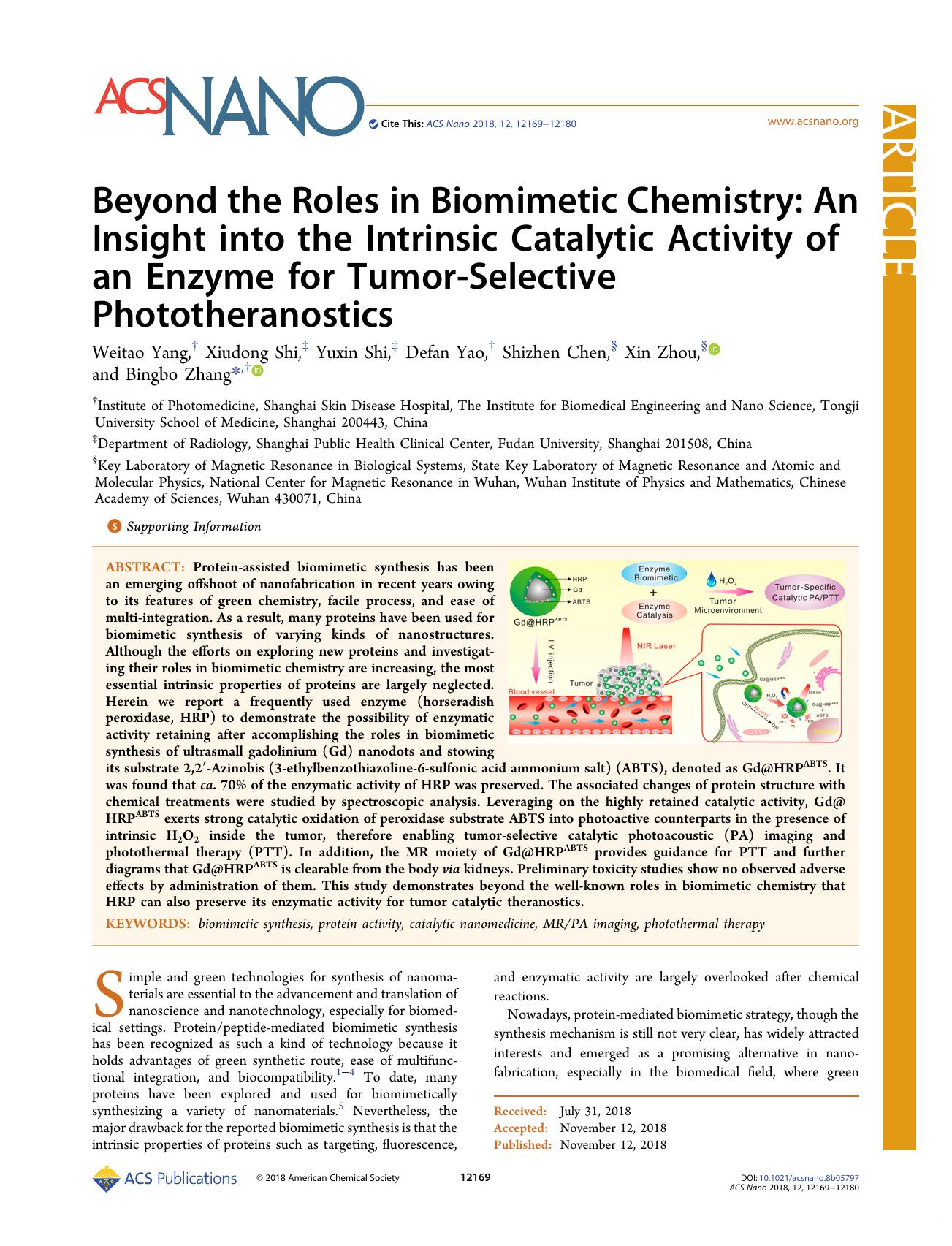 Beyond the Roles in Biomimetic Chemistry: An Insight into the Intrinsic Catalytic Activity of an Enzyme for Tumor-Selective Phototheranostics by Weitao Yang Xiudong Shi Yuxin Shi Defan Yao Shizhen Chen Xin Zhou and Bingbo Zhang