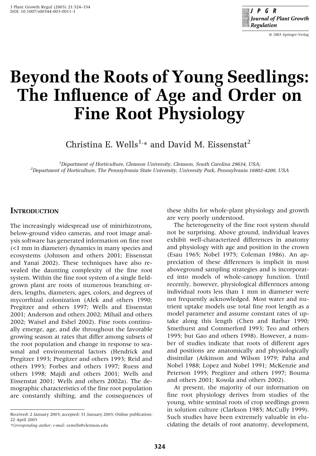 Beyond the Roots of Young Seedlings: The Influence of Age and Order on Fine Root Physiology by Wells C.E. et al