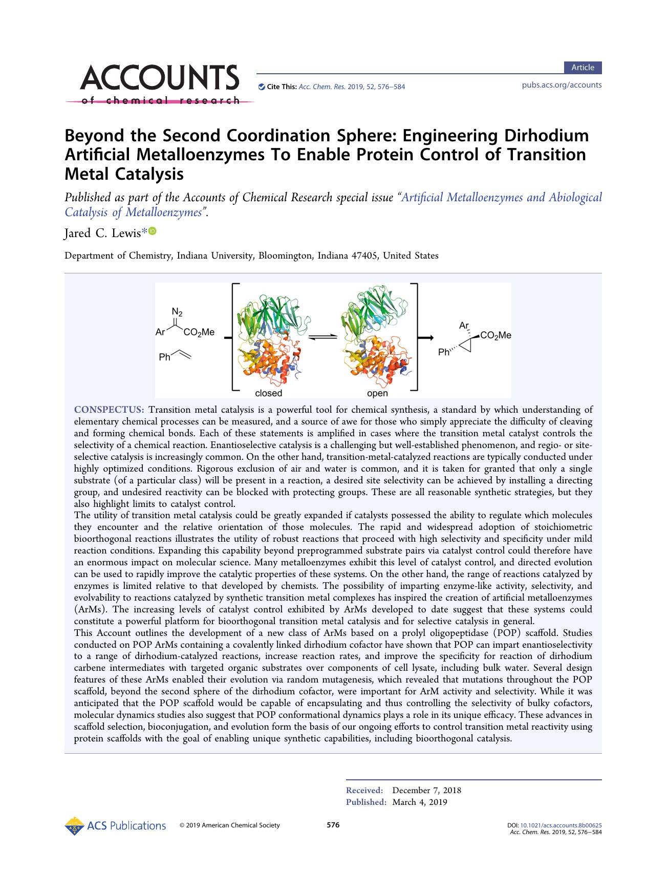 Beyond the Second Coordination Sphere: Engineering Dirhodium Artificial Metalloenzymes To Enable Protein Control of Transition Metal Catalysis by Jared C. Lewis