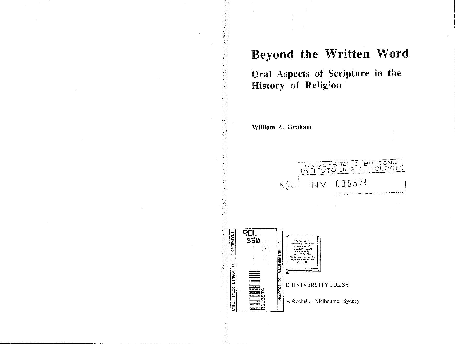 Beyond the Written Word: Oral Aspects of Scripture in the History of Religion by William Albert Graham