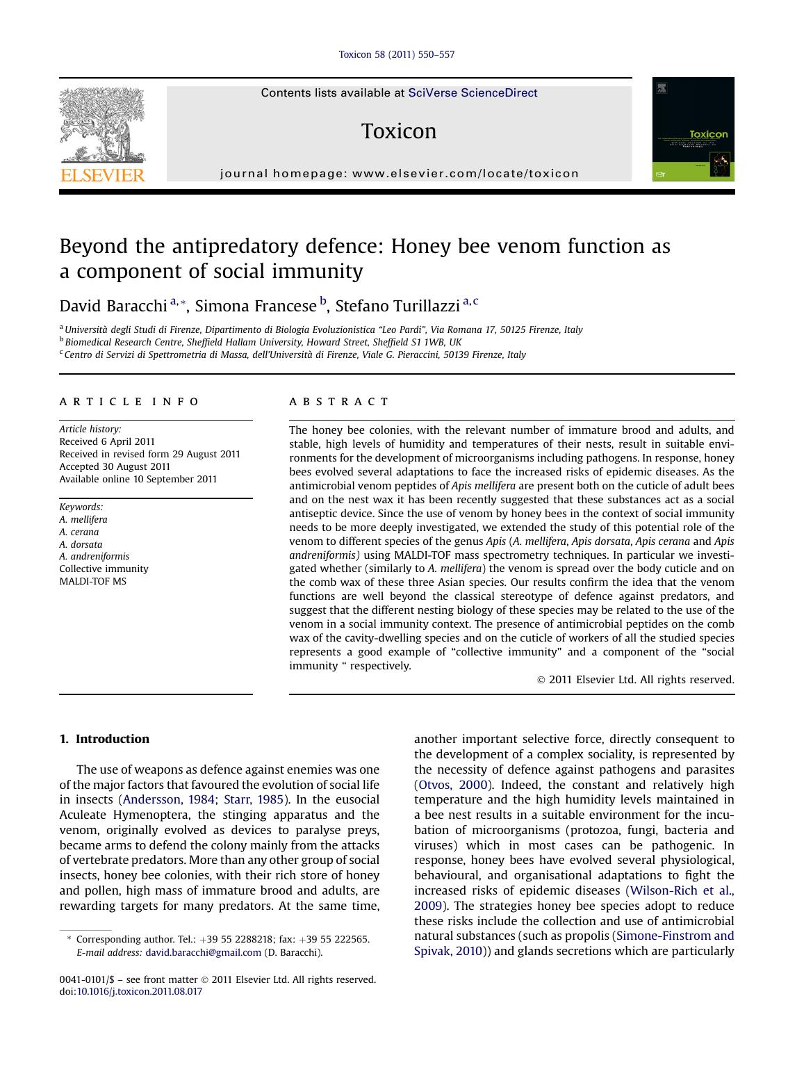 Beyond the antipredatory defence: Honey bee venom function as a component of social immunity by David Baracchi & Simona Francese & Stefano Turillazzi