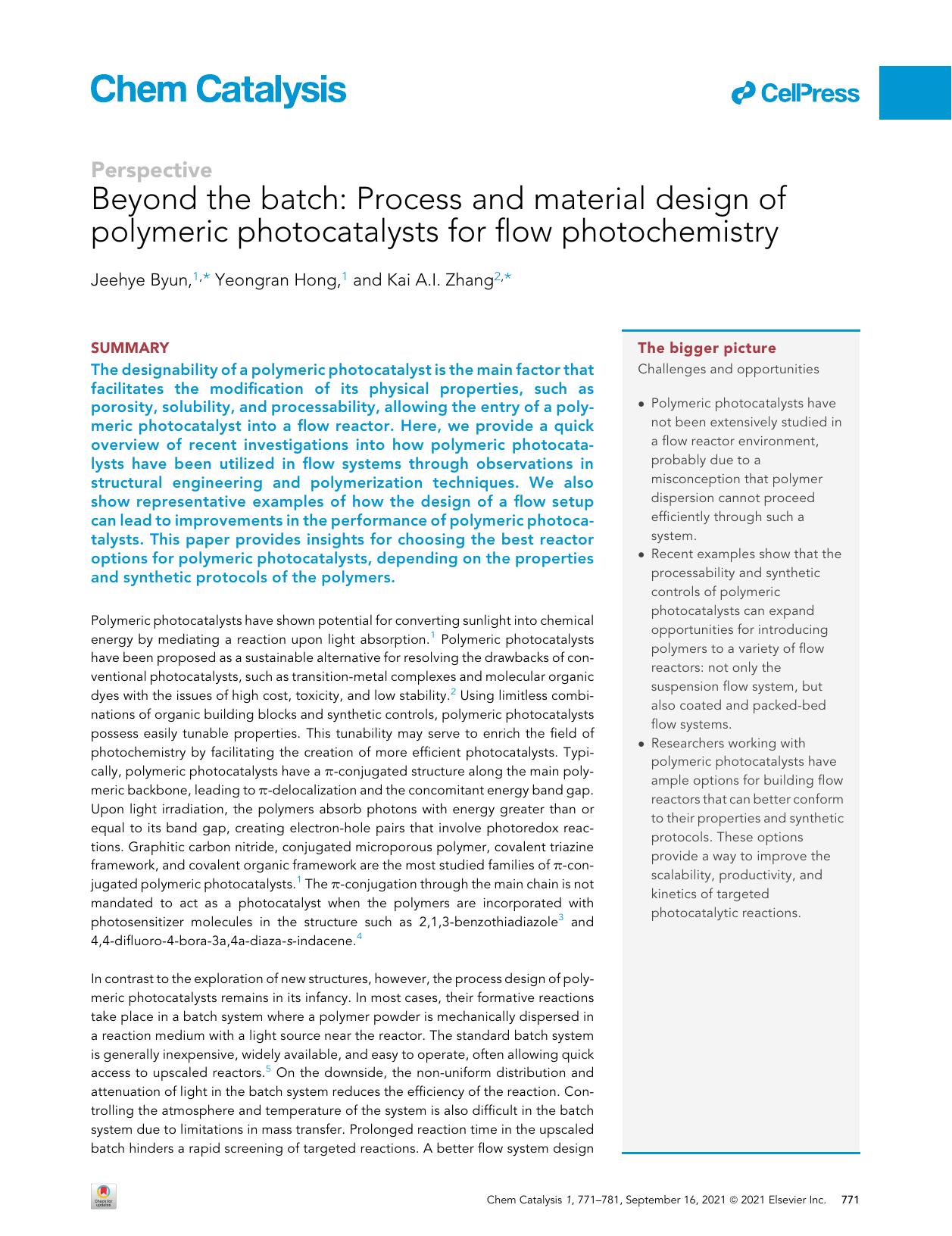 Beyond the batch: Process and material design of polymeric photocatalysts for flow photochemistry by Jeehye Byun & Yeongran Hong & Kai A.I. Zhang