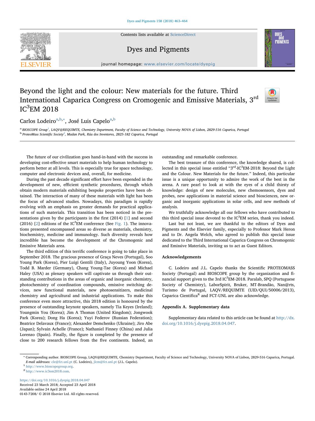 Beyond the light and the colour_ New materials for the future. Third International Caparica Congress on Cromogenic and Emissive Materials, 3rd IC3EM 2018 by Carlos Lodeiro & José Luis Capelo