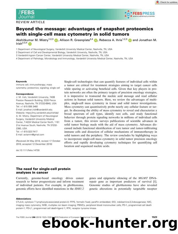 Beyond the message: advantages of snapshot proteomics with singleâcell mass cytometry in solid tumors by Unknown