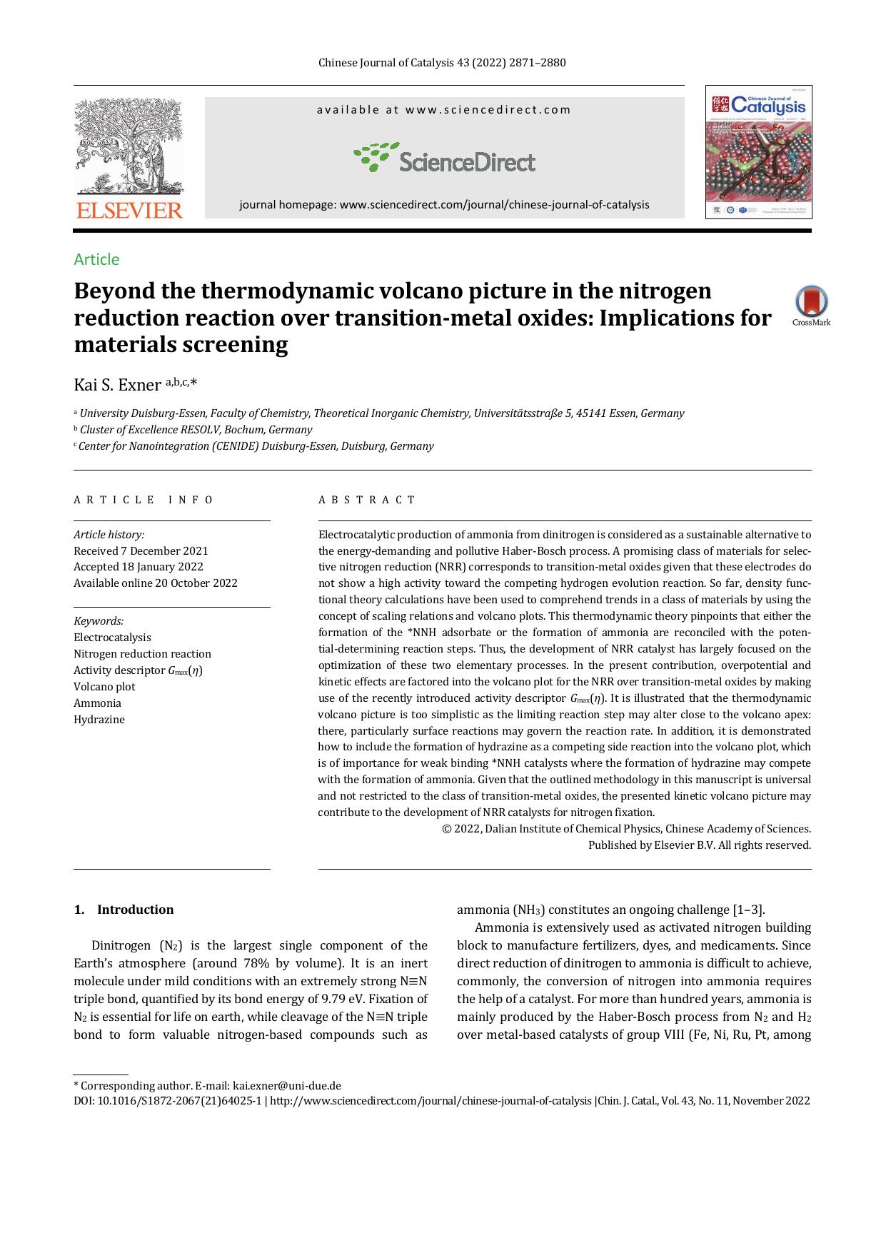 Beyond the thermodynamic volcano picture in the nitrogen reduction reaction over transition-metal oxides: Implications for materials screening by Kai S. Exner