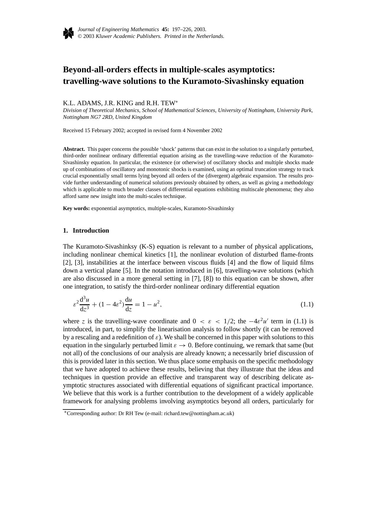 Beyond-all-orders effects in multiple-scales asymptotics: travelling-wave solutions to the Kuramoto-Sivashinsky equation by Unknown