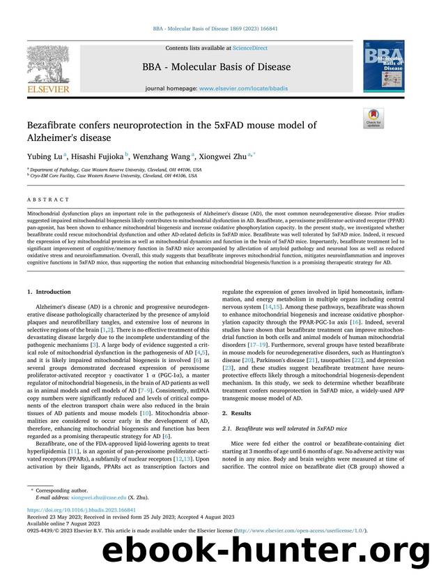 Bezafibrate confers neuroprotection in the 5xFAD mouse model of Alzheimer's disease by Yubing Lu & Hisashi Fujioka & Wenzhang Wang & Xiongwei Zhu