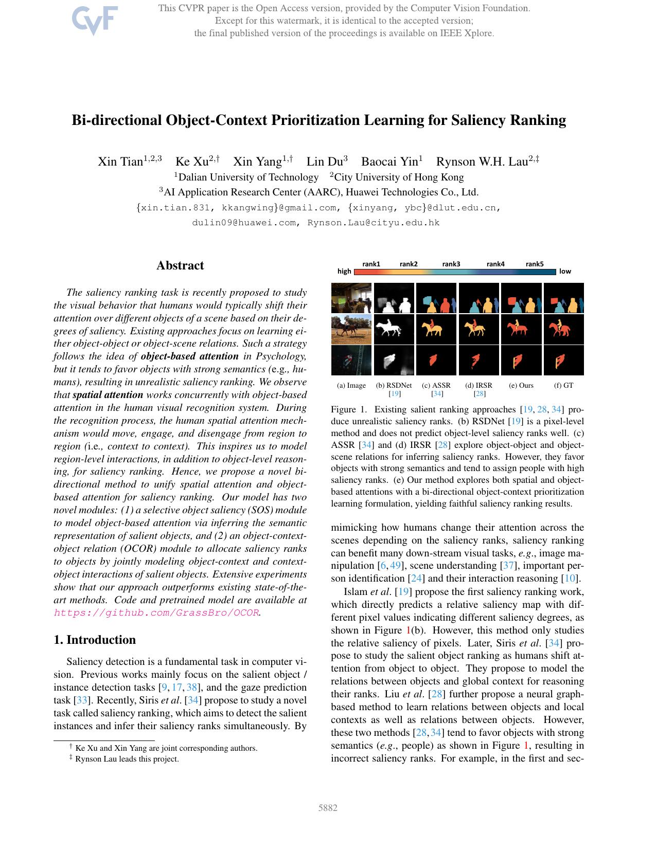 Bi-Directional Object-Context Prioritization Learning for Saliency Ranking by Xin Tian & Ke Xu & Xin Yang & Lin Du & Baocai Yin & Rynson W.H. Lau