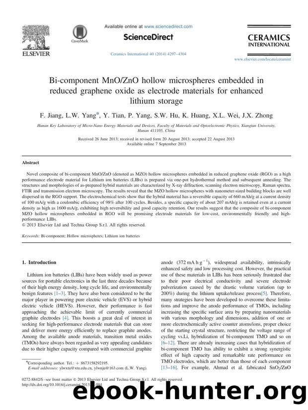 Bi-component MnOZnO hollow microspheres embedded in reduced graphene oxide as electrode materials for enhanced lithium storage by F. Jiang & L.W. Yang & Y. Tian & P. Yang & S.W. Hu & K. Huang & X.L. Wei & J.X. Zhong