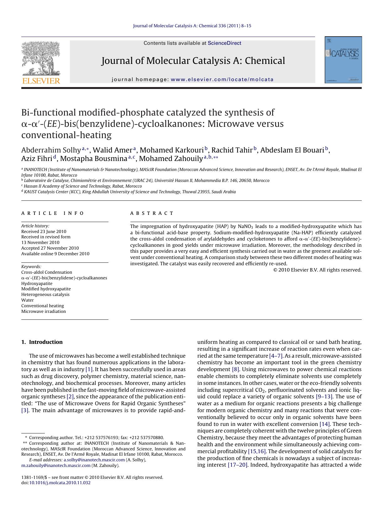 Bi-functional modified-phosphate catalyzed the synthesis of ÃÂ±-ÃÂ±Ã¢â¬Â²-(EE)-bis(benzylidene)-cycloalkanones: Microwave versus conventional-heating by Abderrahim Solhy