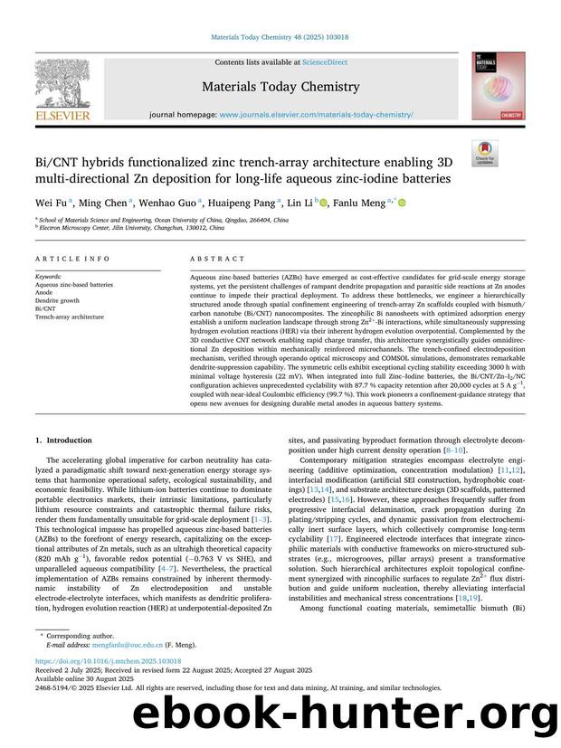 BiCNT hybrids functionalized zinc trench-array architecture enabling 3D multi-directional Zn deposition for long-life aqueous zinc-iodine batteries by Wei Fu & Ming Chen & Wenhao Guo & Huaipeng Pang & Lin Li & Fanlu Meng