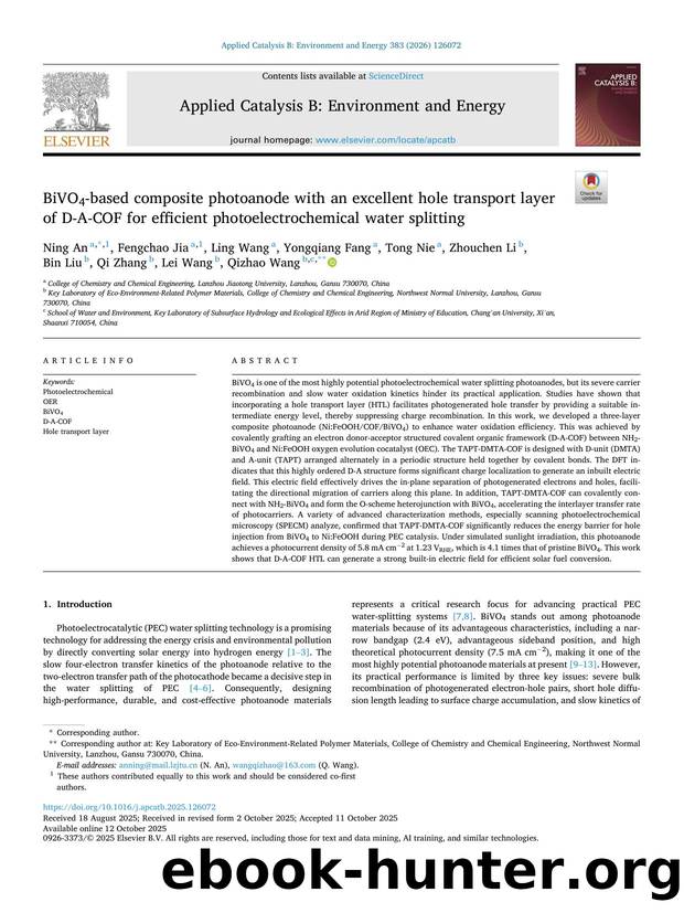 BiVO4-based composite photoanode with an excellent hole transport layer of D-A-COF for efficient photoelectrochemical water splitting by Ning An