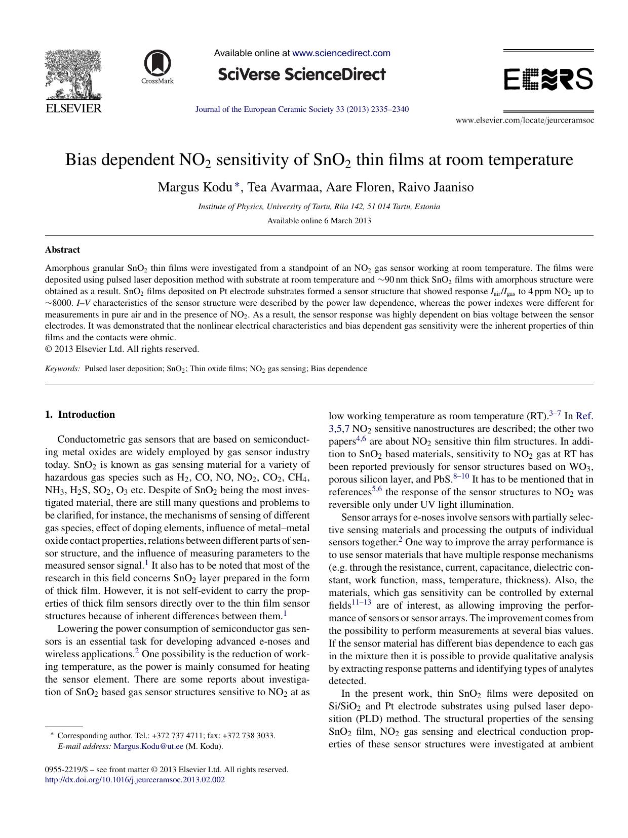 Bias dependent NO2 sensitivity of SnO2 thin films at room temperature by Margus Kodu & Tea Avarmaa & Aare Floren & Raivo Jaaniso