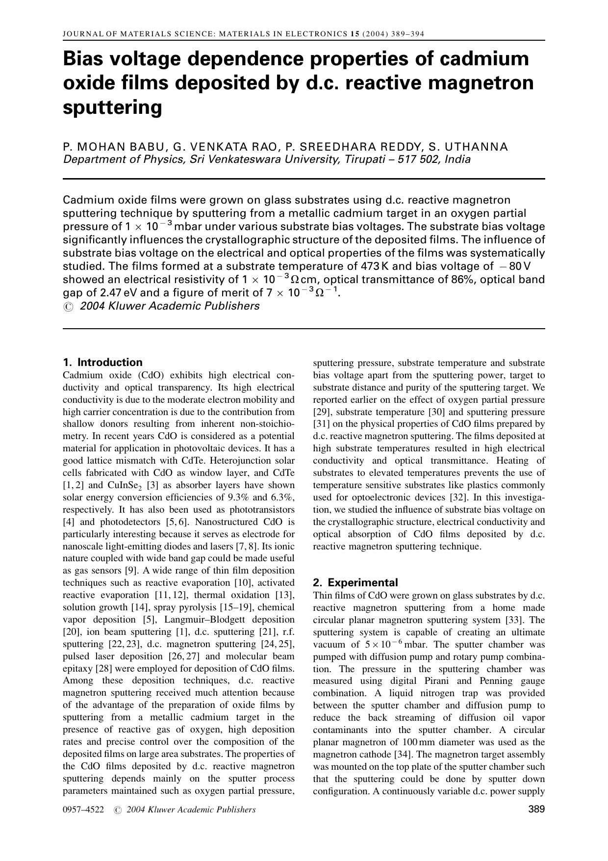 Bias voltage dependence properties of cadmium oxide films deposited by d.c. reactive magnetron sputtering by Unknown