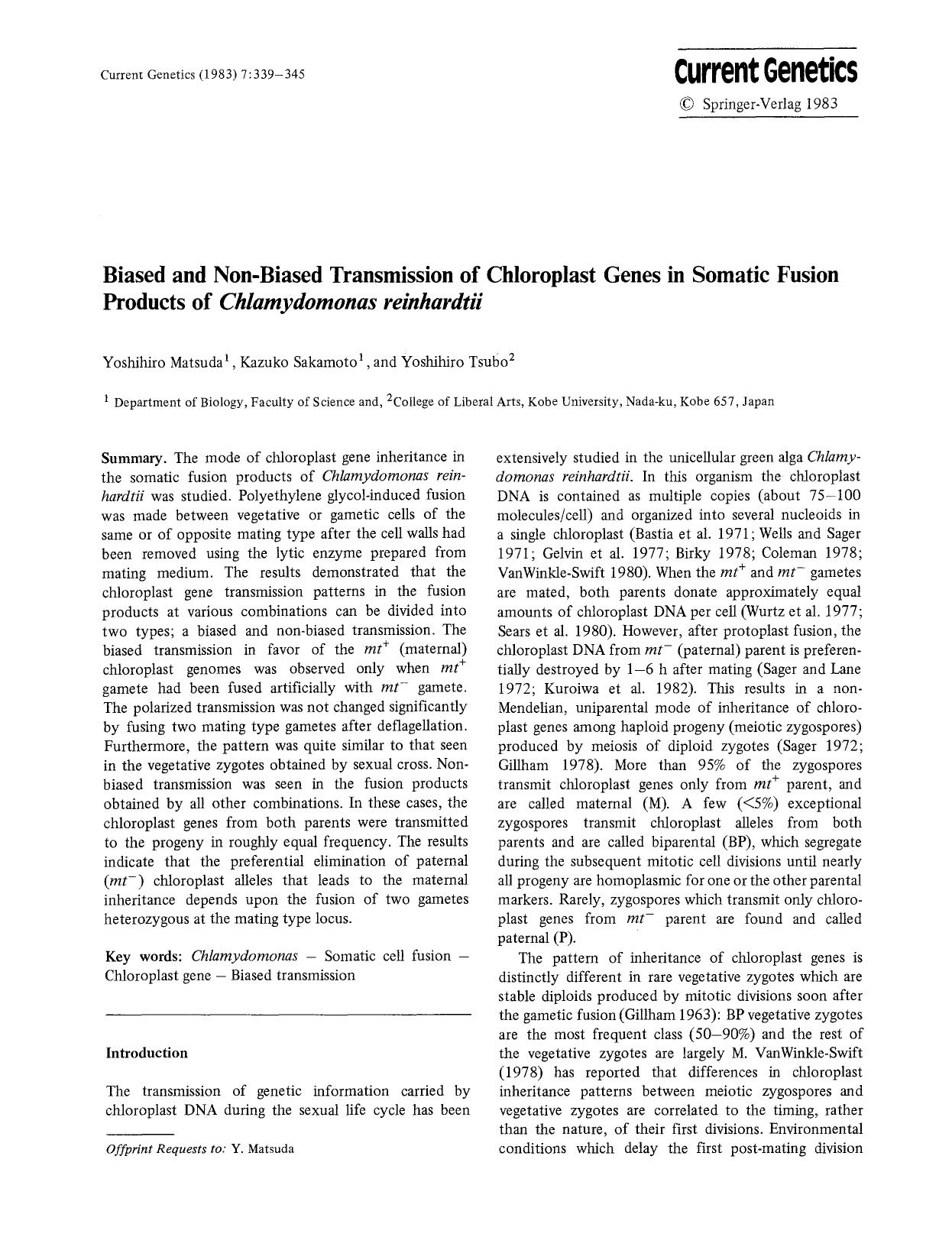 Biased and non-biased transmission of chloroplast genes in somatic fusion products of <Emphasis Type="Italic">Chlamydomonas reinhardtii<Emphasis> by Unknown