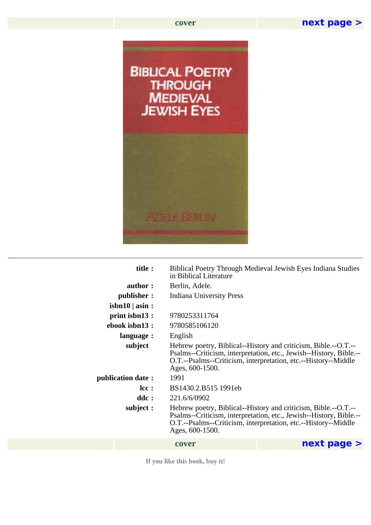 Biblical Poetry Through Medieval Jewish Eyes (Indiana Studies in Biblical Literature) by Adele Berlin