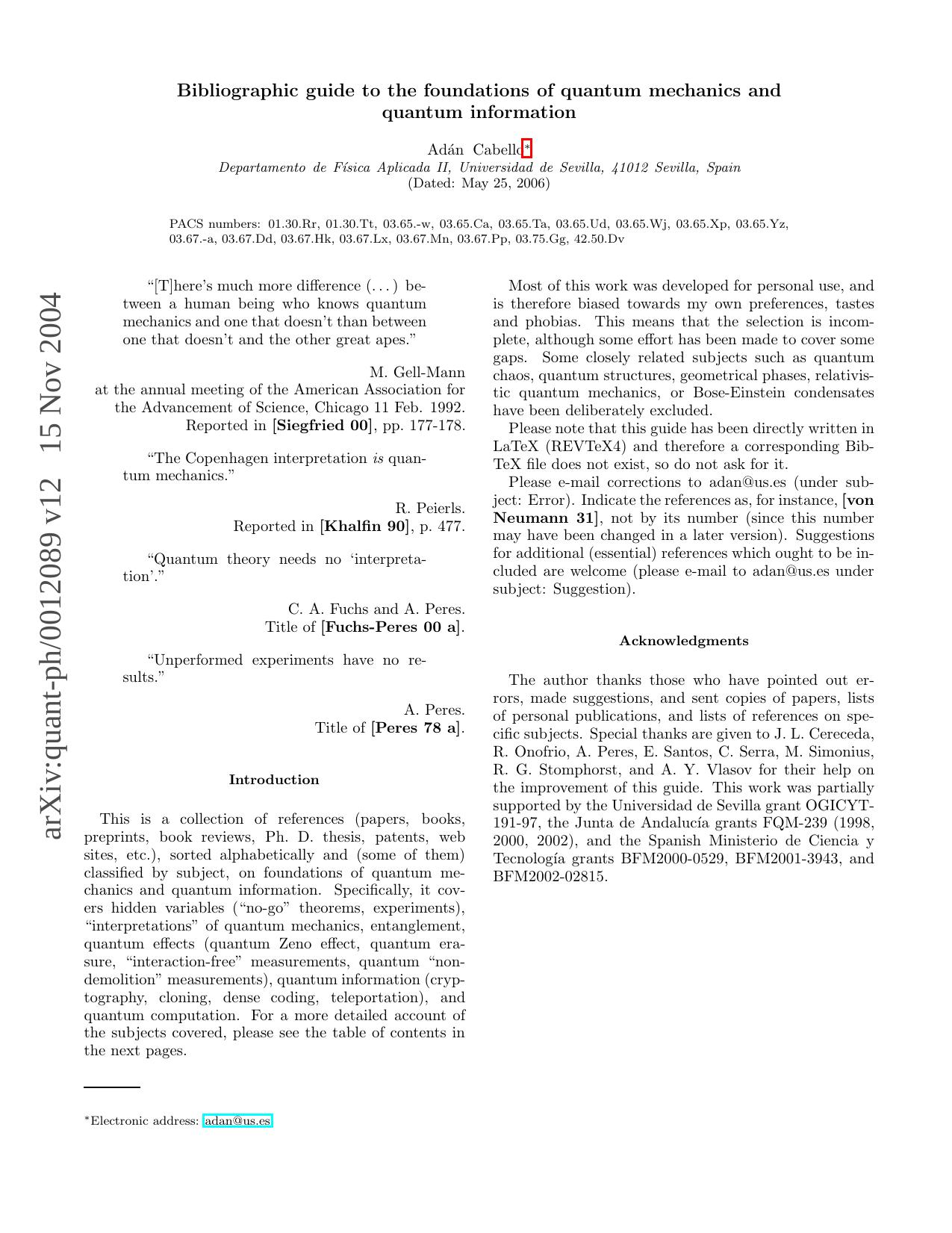 Bibliographic Guide to Foundations of Quantum Mechanics by A. Cabello