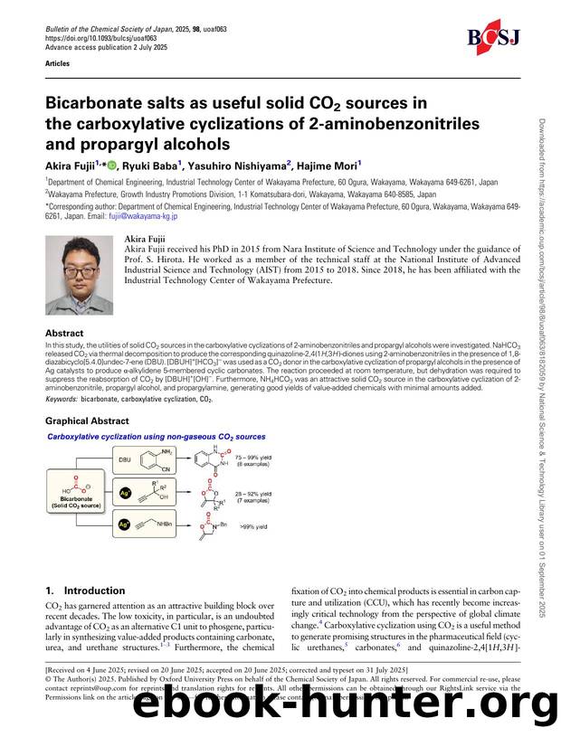Bicarbonate salts as useful solid CO2 sources in the carboxylative cyclizations of 2-aminobenzonitriles and propargyl alcohols by Akira Fujii & Ryuki Baba & Yasuhiro Nishiyama & Hajime Mori