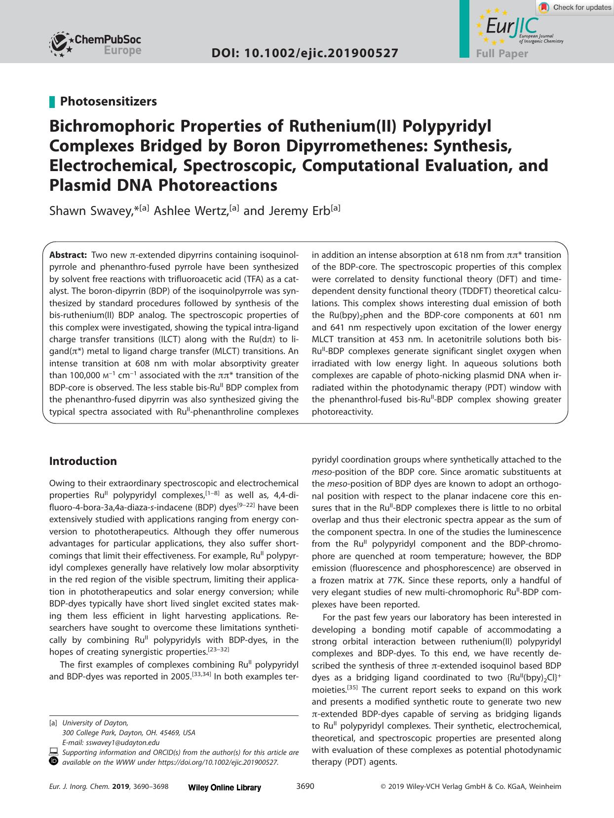 Bichromophoric Properties of Ruthenium(II) Polypyridyl Complexes Bridged by Boron Dipyrromethenes: Synthesis, Electrochemical, Spectroscopic, Computational Evaluation, and Plasmid DNA Photoreactions by Unknown