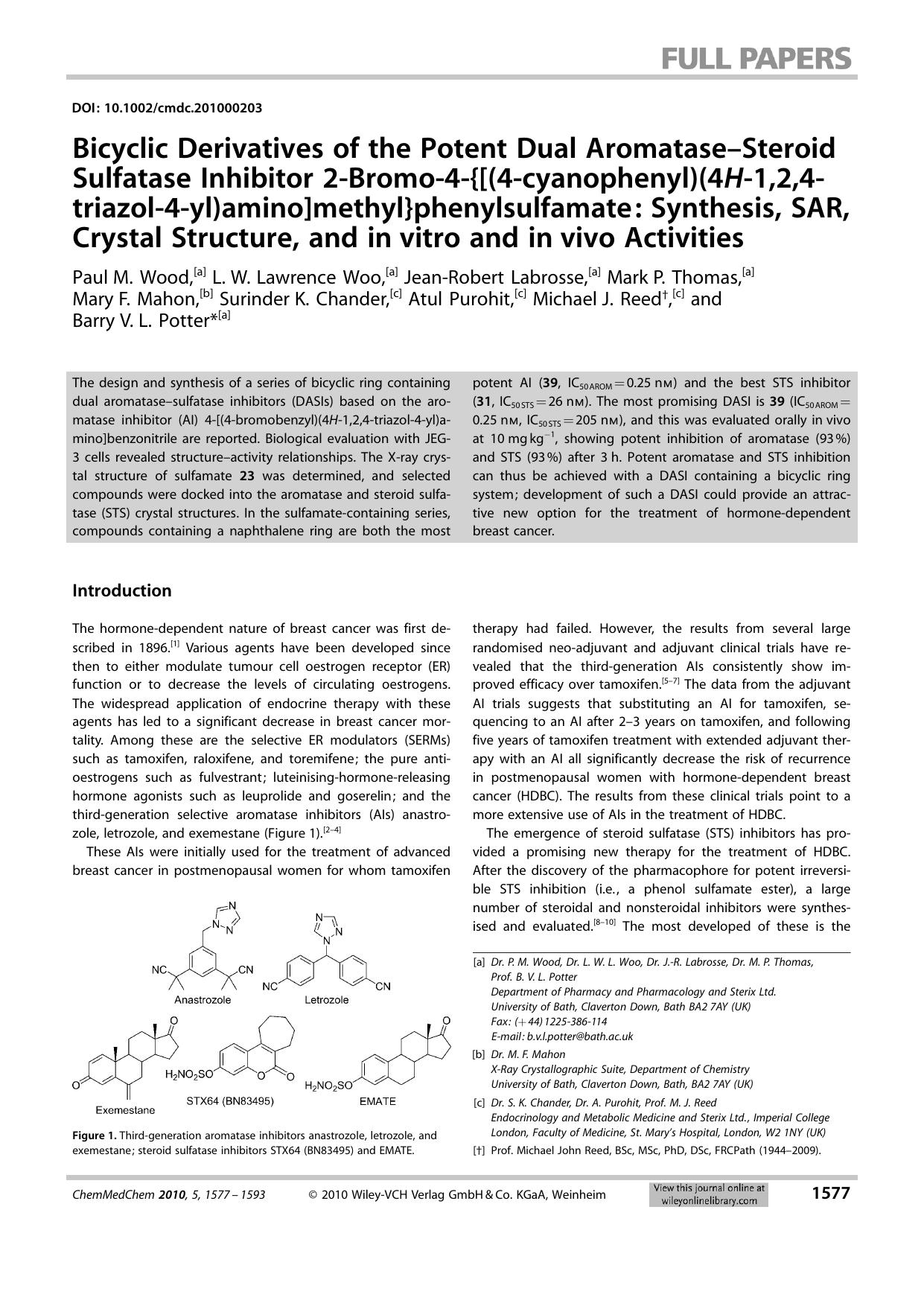 Bicyclic Derivatives of the Potent Dual AromataseSteroid Sulfatase Inhibitor 2Bromo4{[(4cyanophenyl)(4H1,2,4triazol4yl)amino]methyl}phenylsulfamate: Synthesis, SAR, Crystal Structu by Unknown