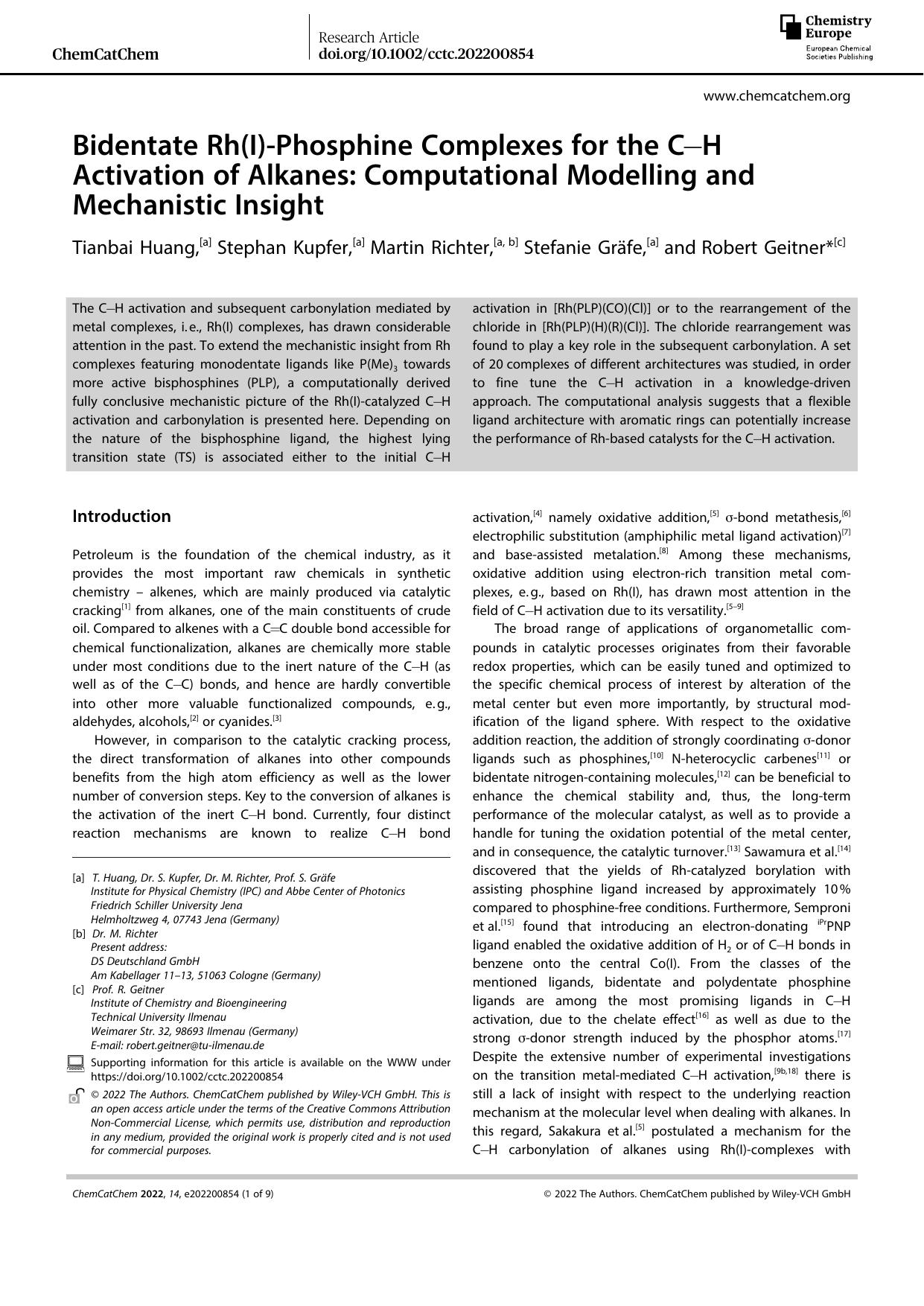 Bidentate Rh(I)âPhosphine Complexes for the CâH Activation of Alkanes: Computational Modelling and Mechanistic Insight by Unknown