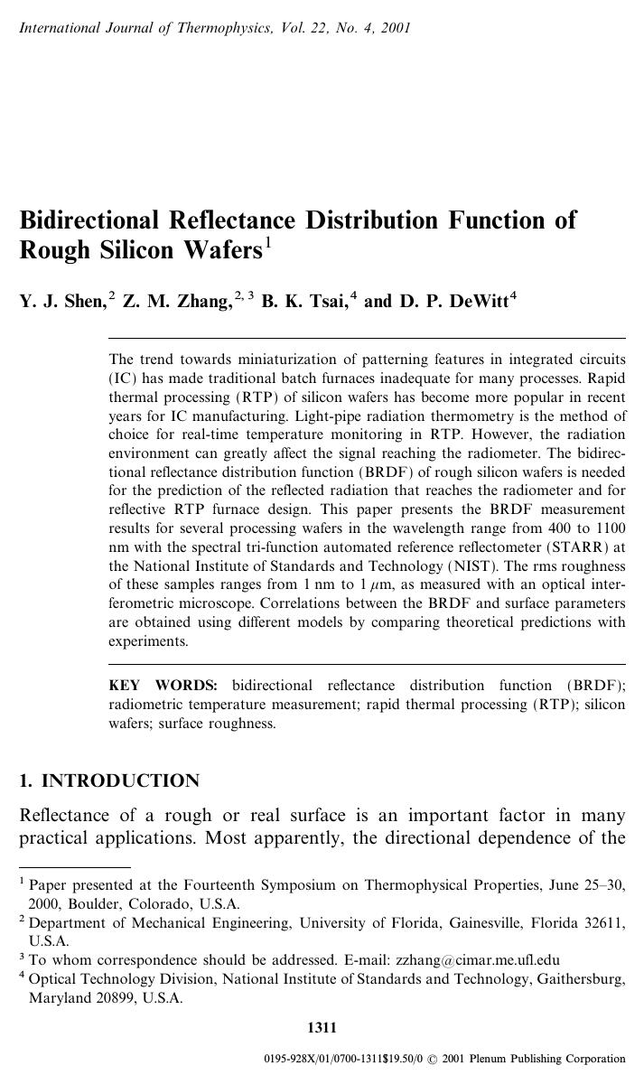 Bidirectional Reflectance Distribution Function of Rough Silicon Wafers by Unknown