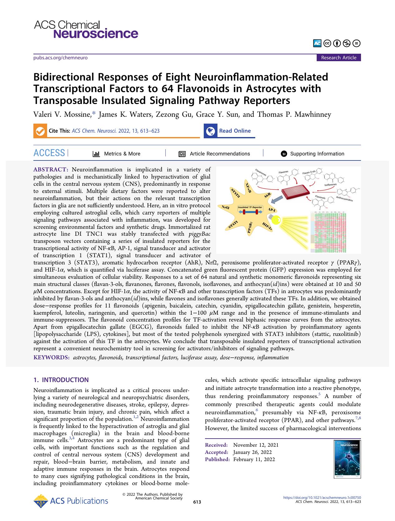 Bidirectional Responses of Eight Neuroinflammation-Related Transcriptional Factors to 64 Flavonoids in Astrocytes with Transposable Insulated Signaling Pathway Reporters by Valeri V. Mossine James K. Waters Zezong Gu Grace Y. Sun and Thomas P. Mawhinney
