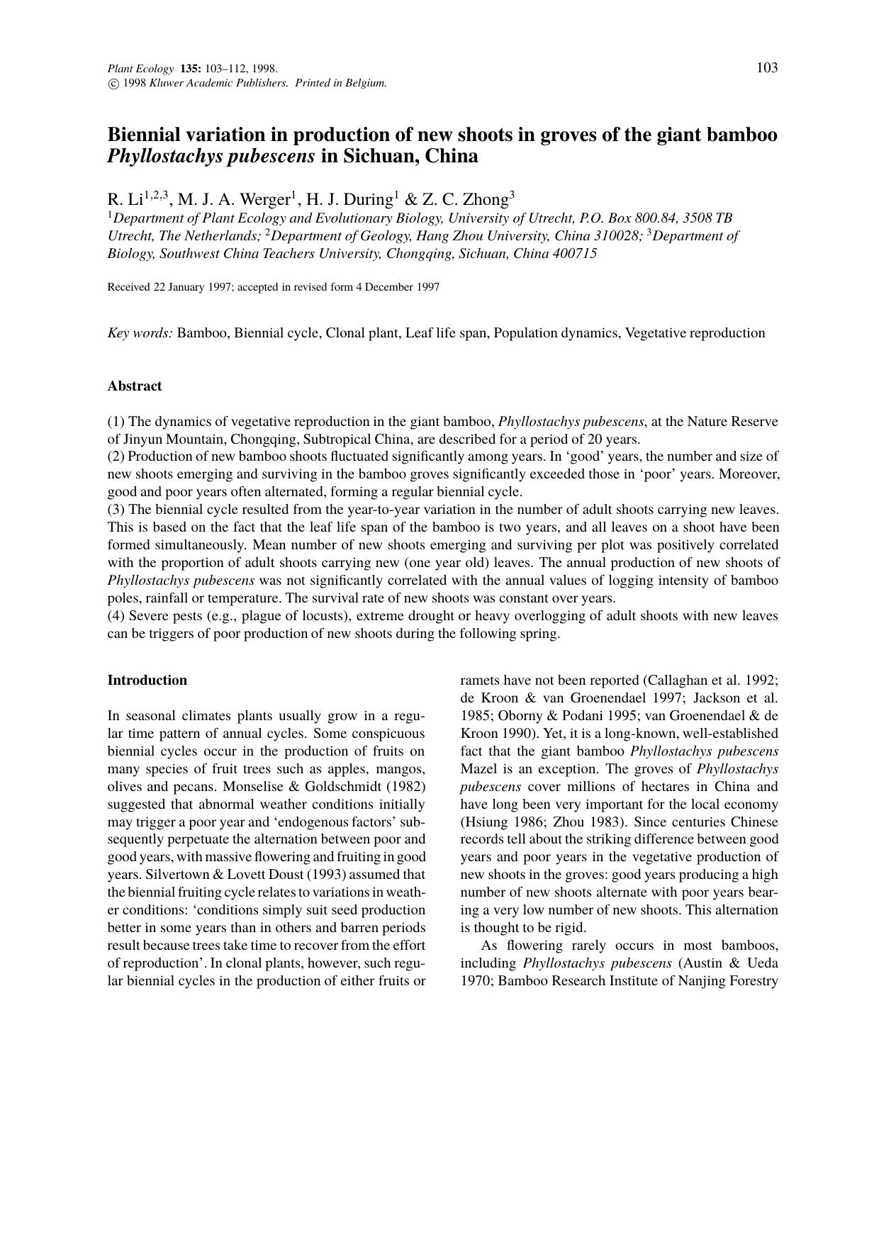 Biennial variation in production of new shoots in groves of the giant bamboo Phyllostachys pubescens in Sichuan, China by Unknown