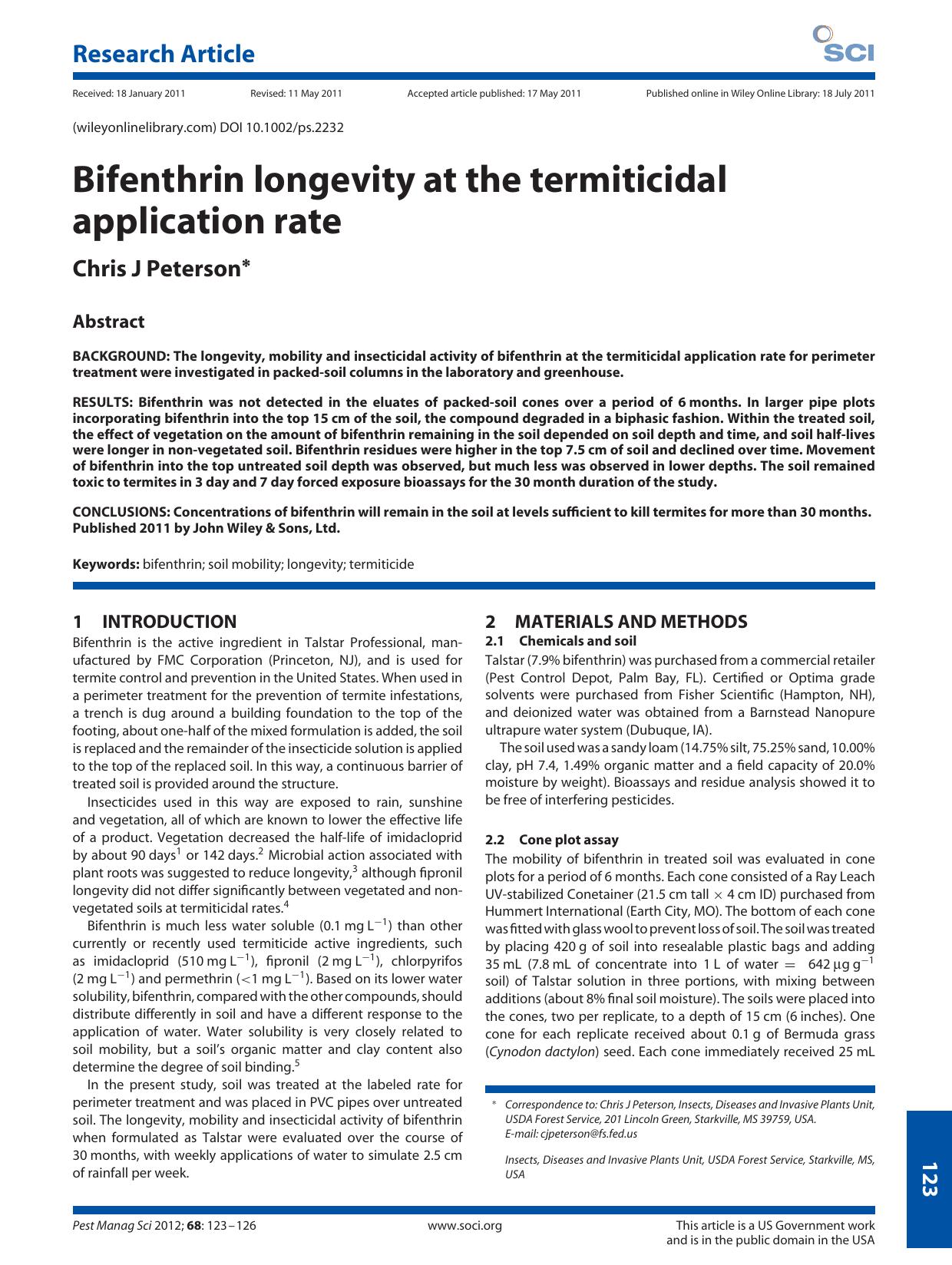 Bifenthrin longevity at the termiticidal application rate by Unknown