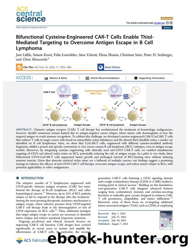 Bifunctional Cysteine-Engineered CAR-T Cells Enable Thiol-Mediated Targeting to Overcome Antigen Escape in B Cell Lymphoma by unknow