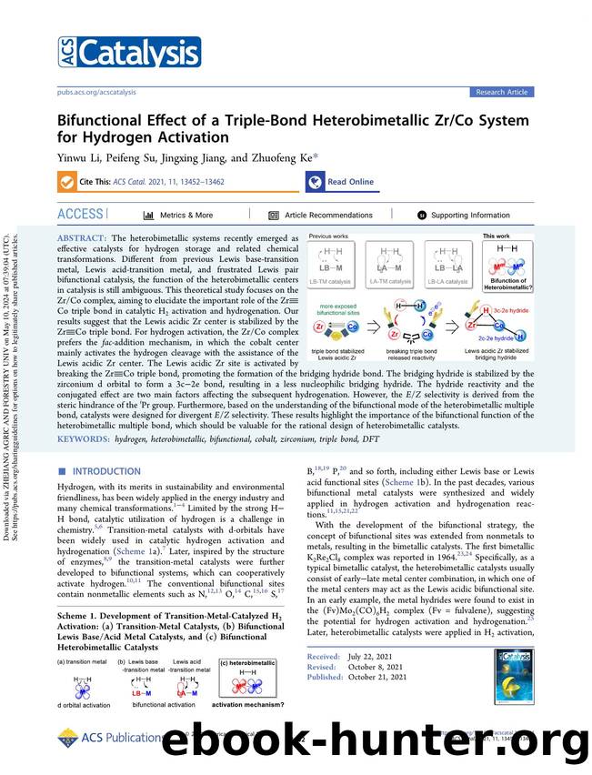 Bifunctional Effect of a Triple-Bond Heterobimetallic ZrCo System for Hydrogen Activation by Yinwu Li Peifeng Su Jingxing Jiang & Zhuofeng Ke