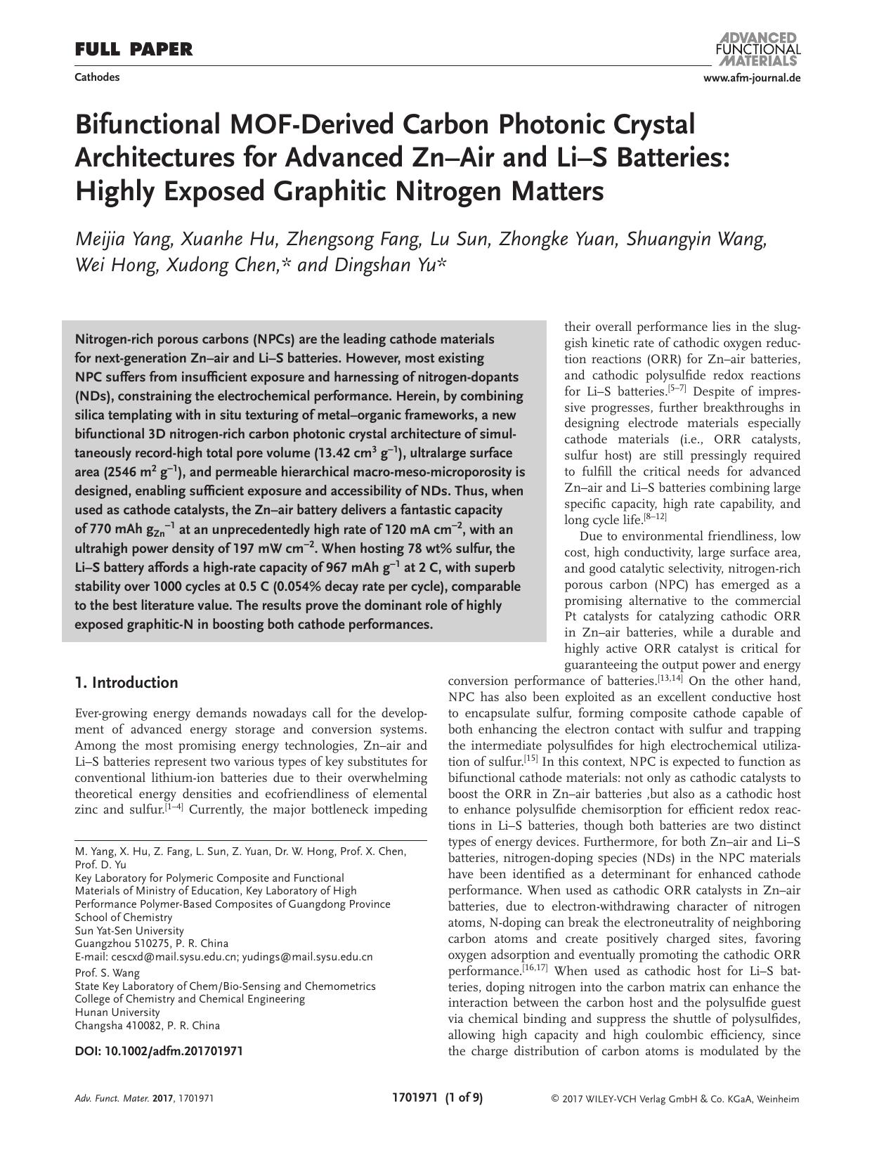 Bifunctional MOF‐Derived Carbon Photonic Crystal Architectures for Advanced Zn–Air and Li–S Batteries: Highly Exposed Graphitic Nitrogen Matters by Unknown
