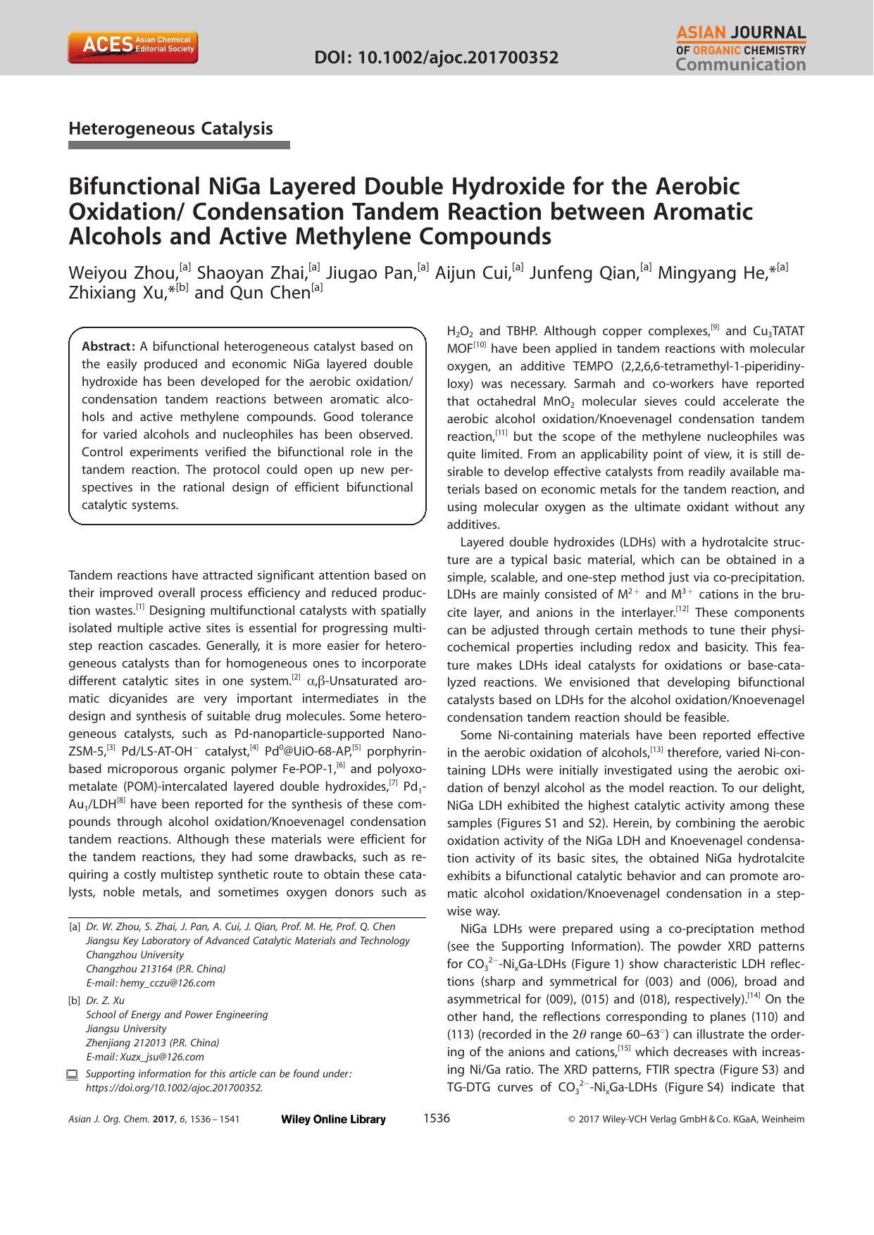 Bifunctional NiGa Layered Double Hydroxide for the Aerobic Oxidation Condensation Tandem Reaction between Aromatic Alcohols and Active Methylene Compounds by Unknown