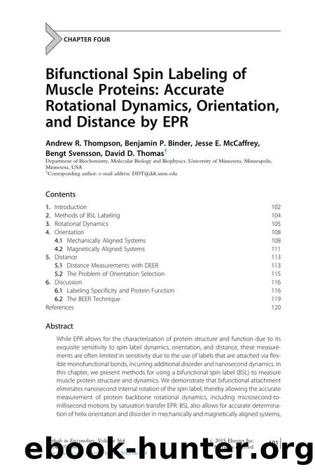 Bifunctional Spin Labeling of Muscle Proteins: Accurate Rotational Dynamics, Orientation, and Distance by EPR by Andrew R. Thompson & Benjamin P. Binder & Jesse E. McCaffrey & Bengt Svensson & David D. Thomas