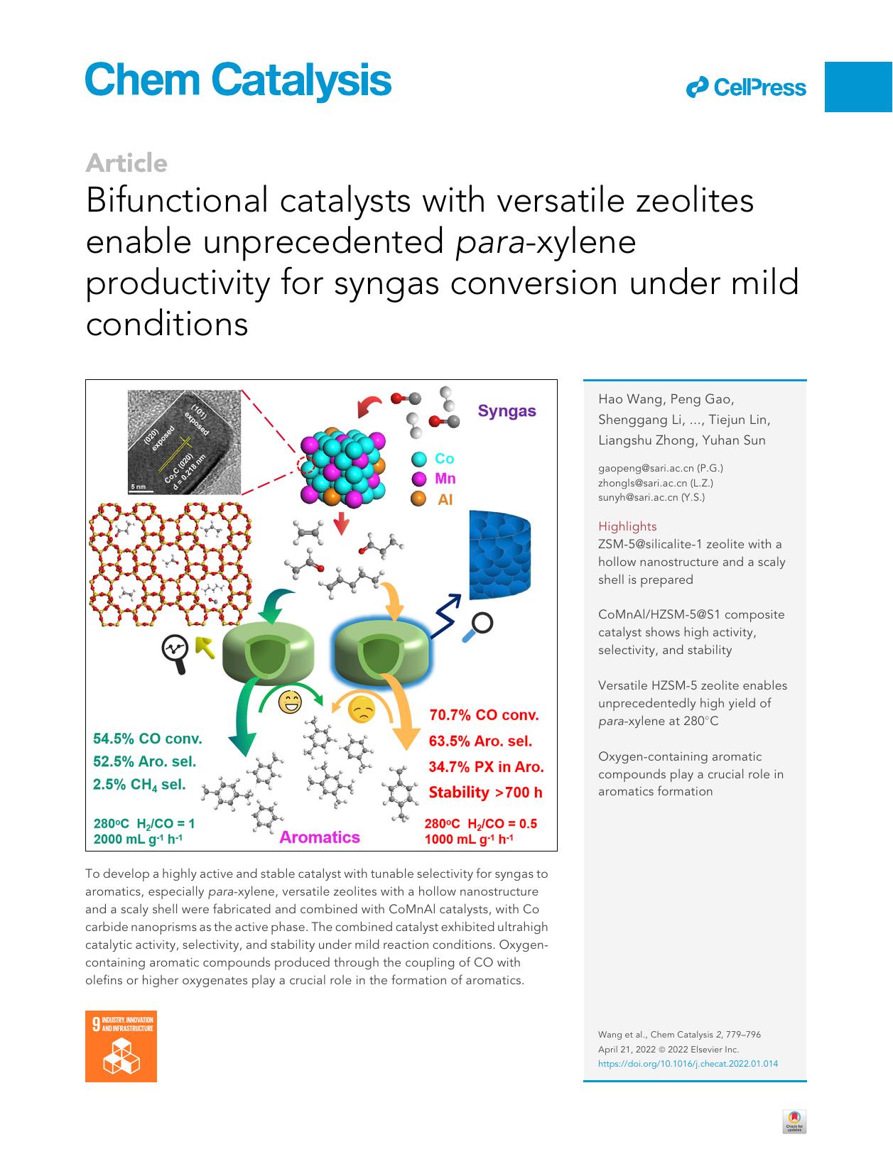 Bifunctional catalysts with versatile zeolites enable unprecedented para-xylene productivity for syngas conversion under mild conditions by unknow