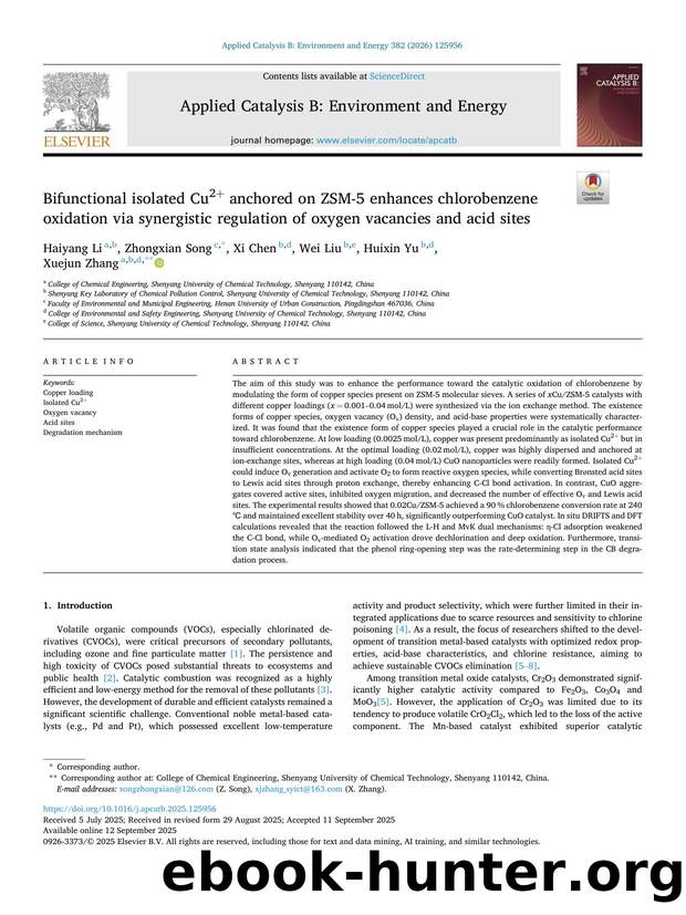Bifunctional isolated Cu2+ anchored on ZSM-5 enhances chlorobenzene oxidation via synergistic regulation of oxygen vacancies and acid sites by Haiyang Li & Zhongxian Song & Xi Chen & Wei Liu & Huixin Yu & Xuejun Zhang