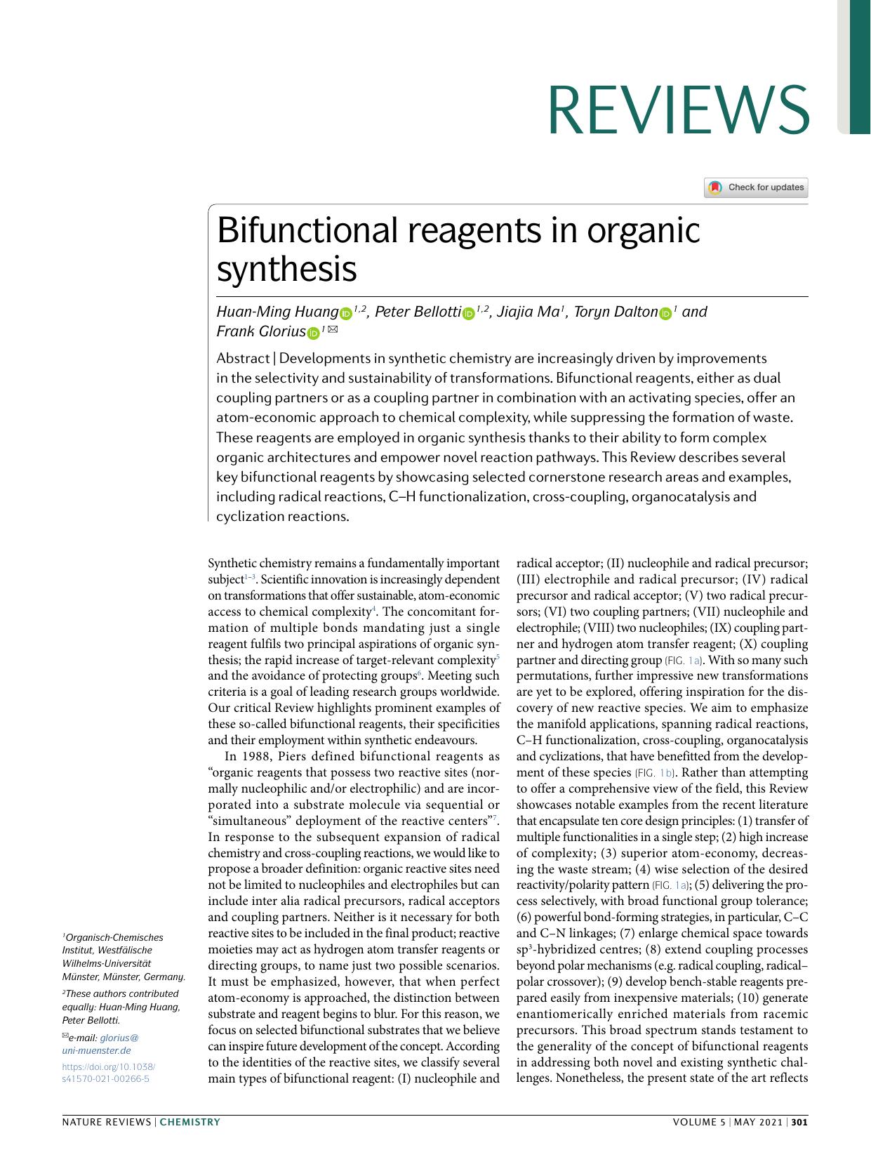 Bifunctional reagents in organic synthesis by Huan-Ming Huang & Peter Bellotti & Jiajia Ma & Toryn Dalton & Frank Glorius
