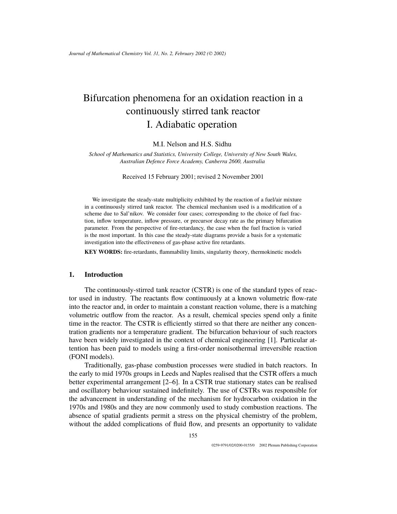 Bifurcation Phenomena for an Oxidation Reaction in a Continuously Stirred Tank Reactor I. Adiabatic Operation by Unknown