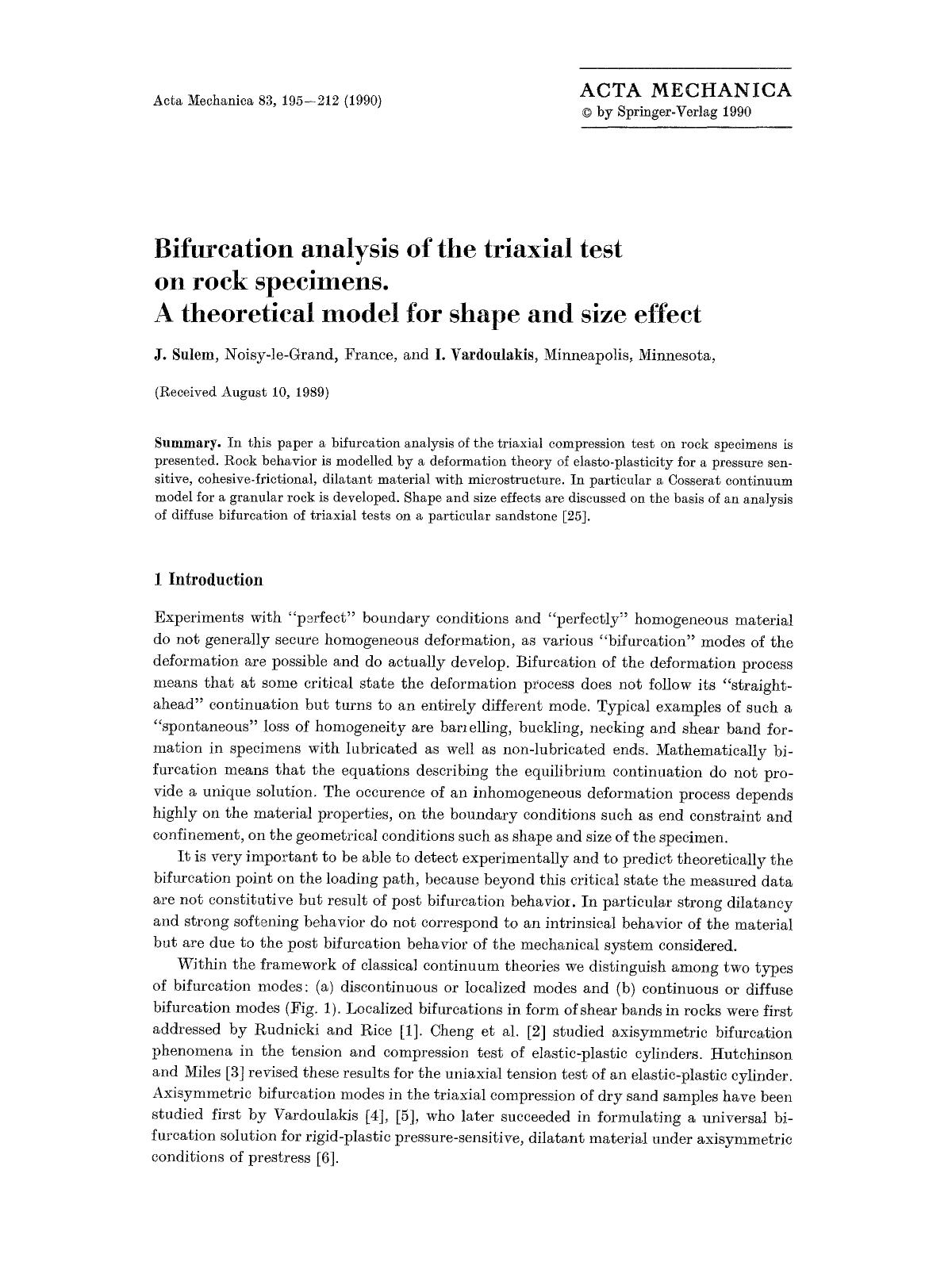 Bifurcation analysis of the triaxial test on rock specimens. A theoretical model for shape and size effect by Unknown