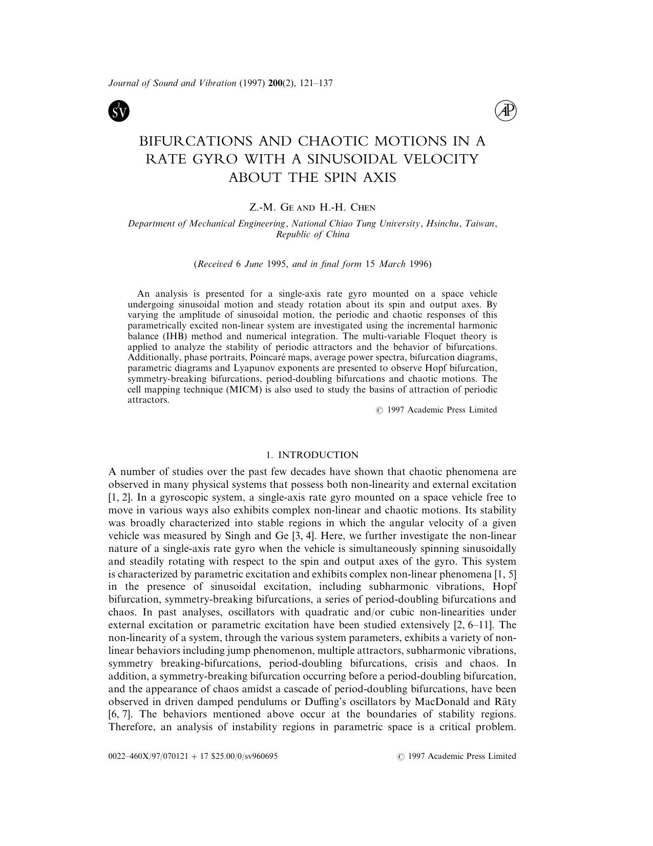 Bifurications and Chaotic Motions in a Rate Gyro with a Sinusoidal Velocity about the Spin Axis by Ge Z.-M. & Chen H.-H