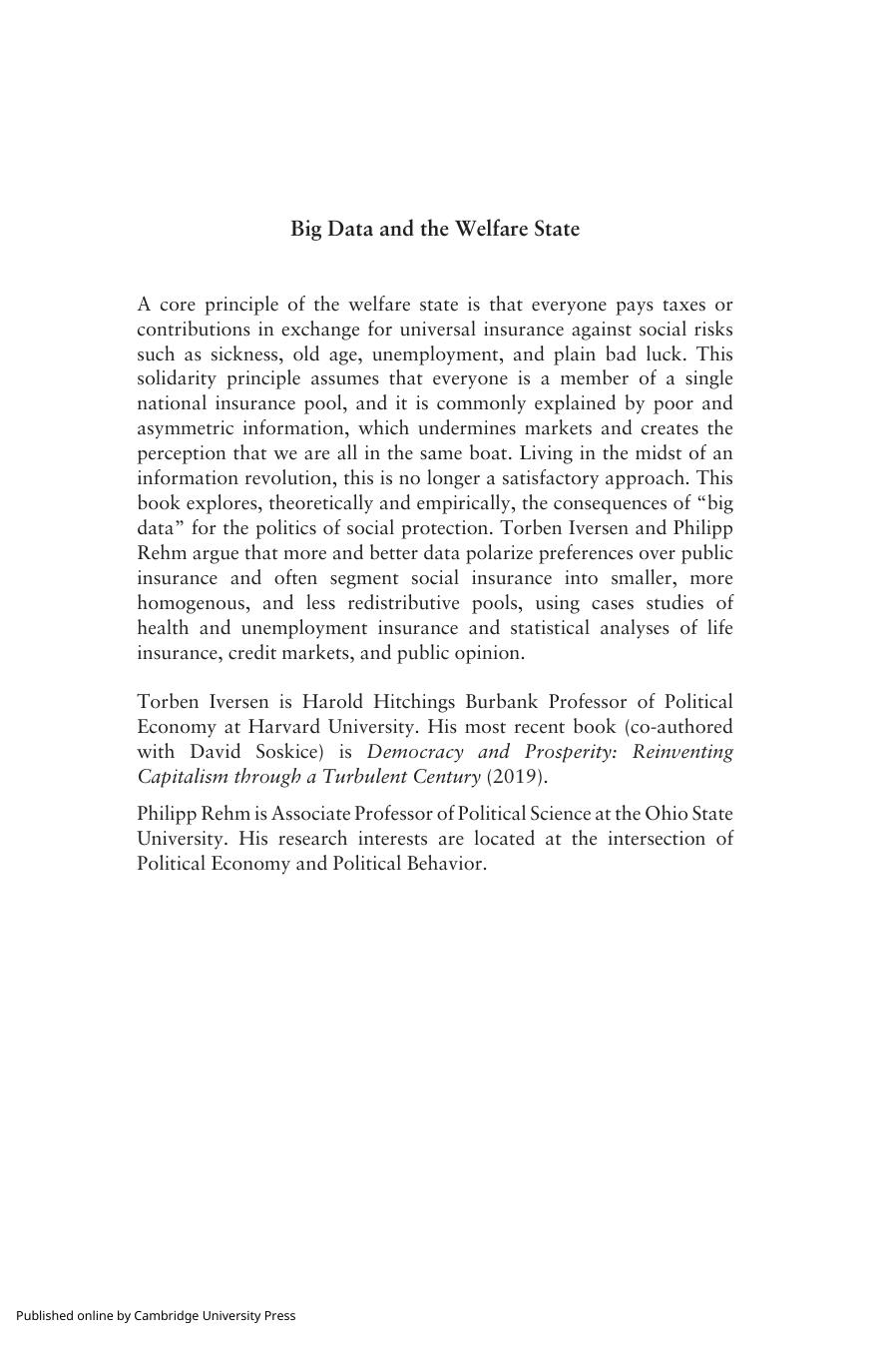 Big Data and the Welfare State: How the Information Revolution Threatens Social Solidarity (Cambridge Studies in Comparative Politics) by Torben Iversen Philipp Rehm