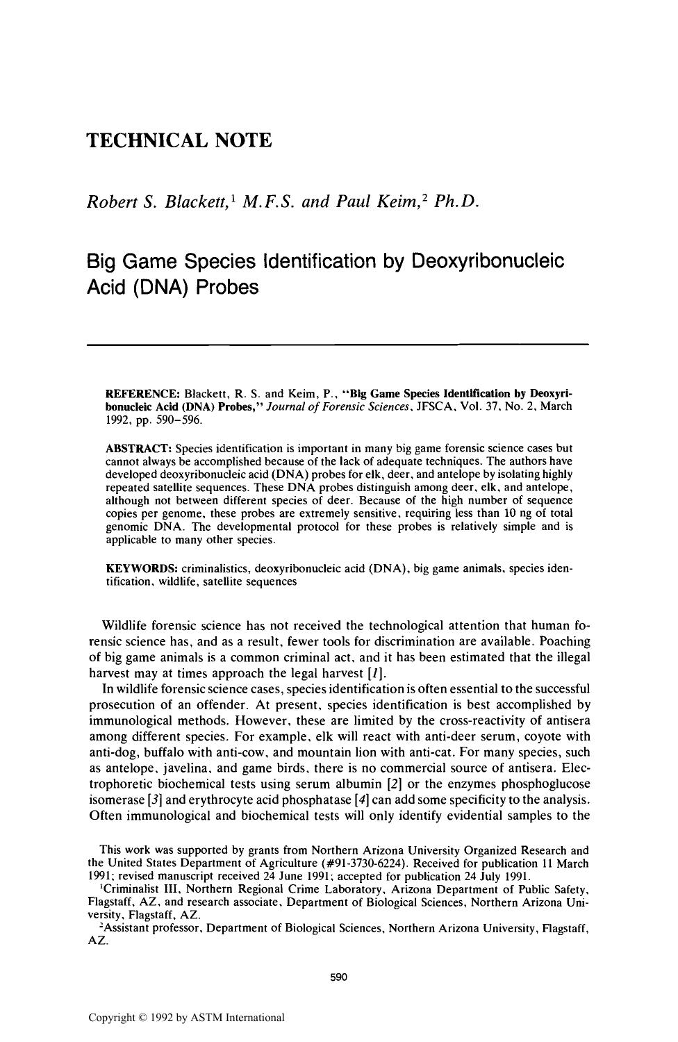 Big Game Species Identification by Deoxyribonucleic Acid (DNA) Probes by Blackett RS Keim P
