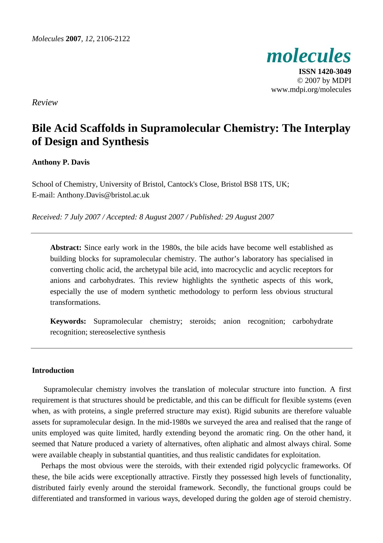 Bile Acid Scaffolds in Supramolecular Chemistry: The Interplay of Design and Synthesis by Anthony P. Davis