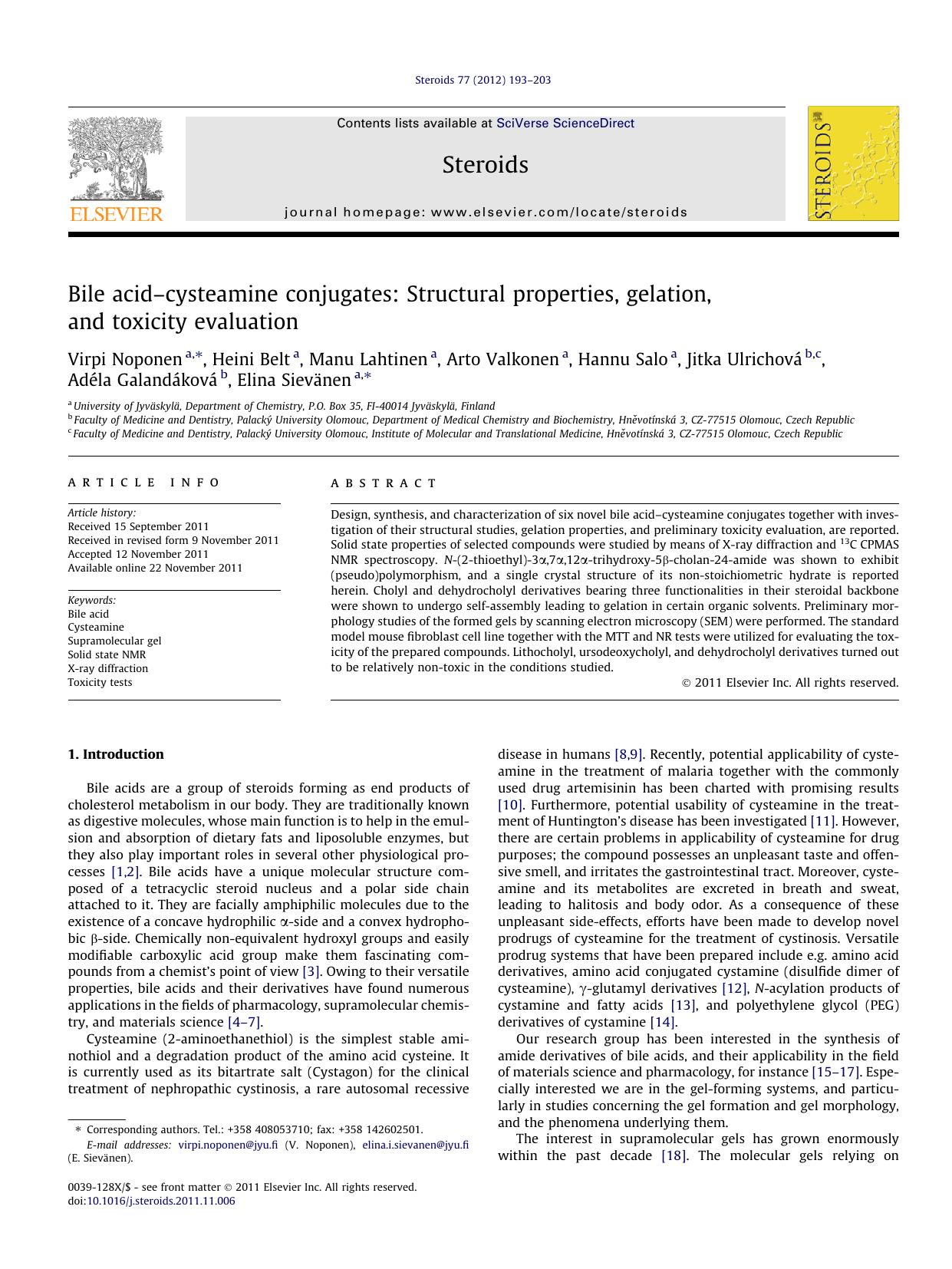 Bile acidâ€“cysteamine conjugates: Structural properties, gelation, and toxicity evaluation by unknow