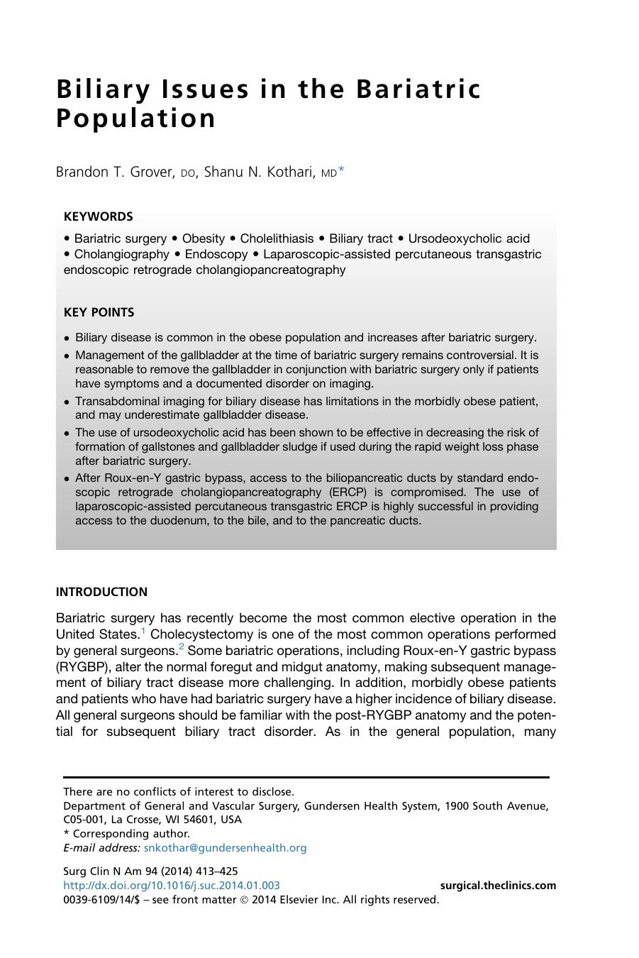 Biliary Issues in the Bariatric Population by Brandon T. Grover DO & Shanu N. Kothari MD