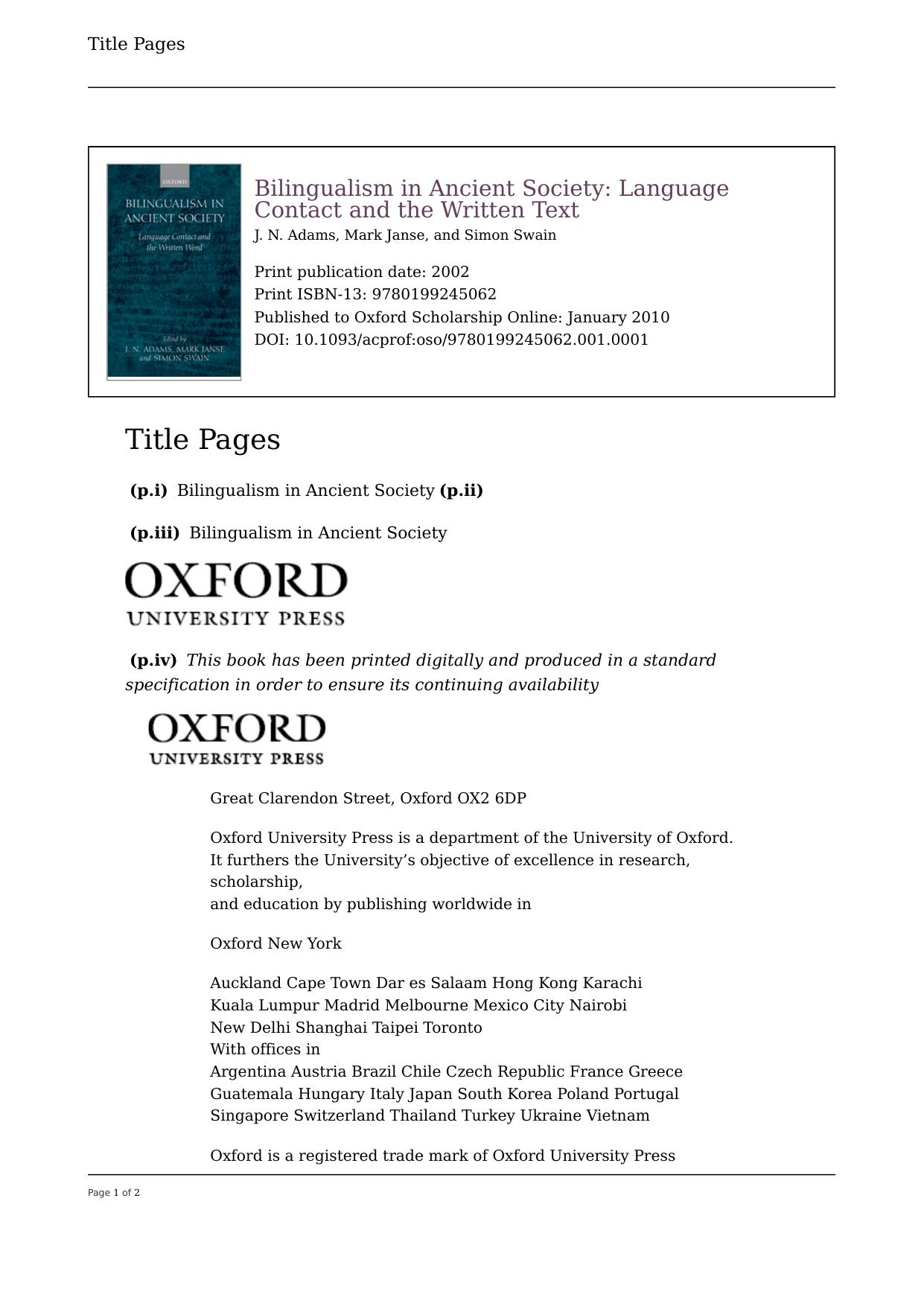 Bilingualism in Ancient Society: Language Contact and the Written Word by J.N. Adams; Mark Janse; Simon Swain