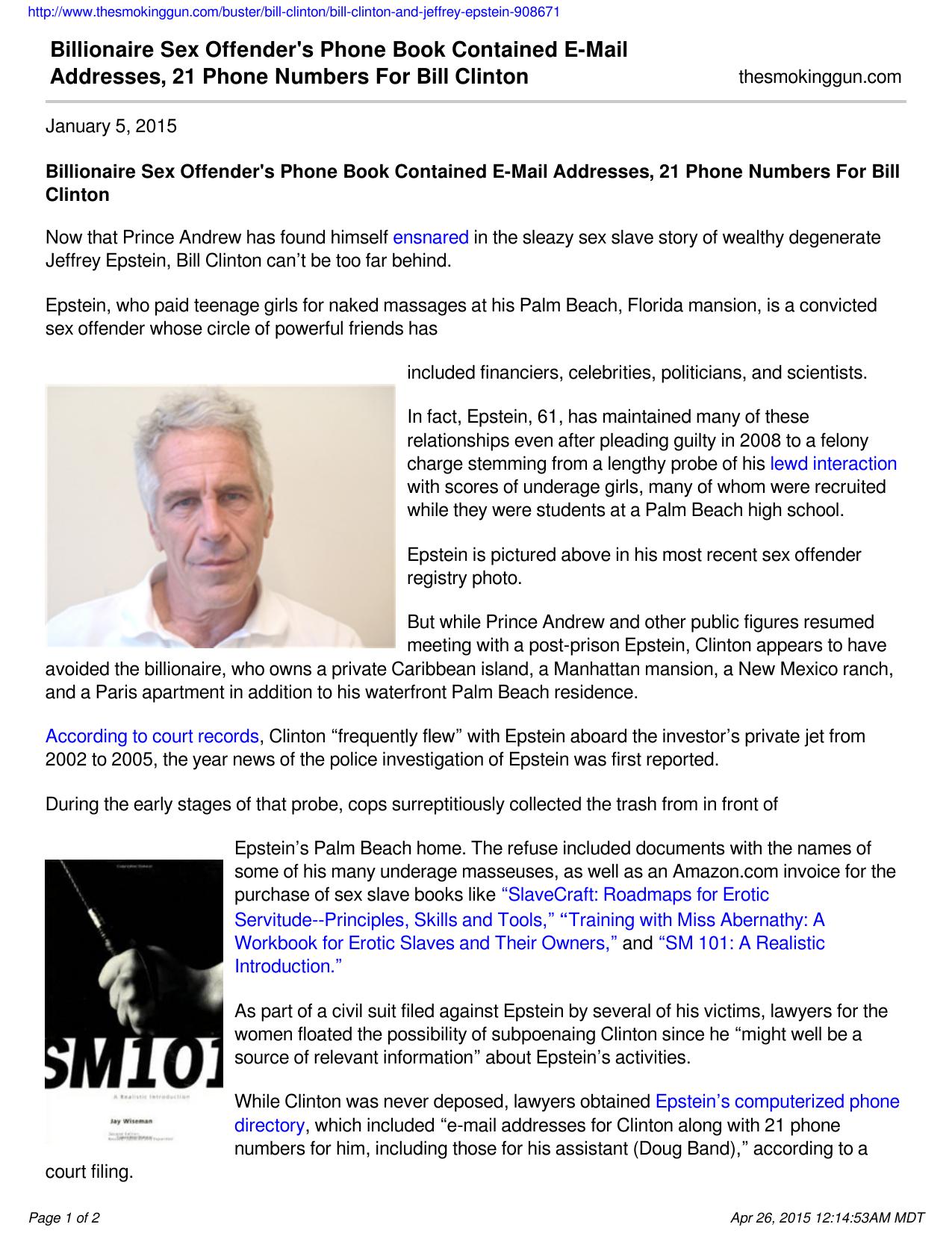 Billionaire Sex Offender's Phone Book Contained E-Mail Addresses, 21 Phone Numbers For Bill Clinton by Unknown