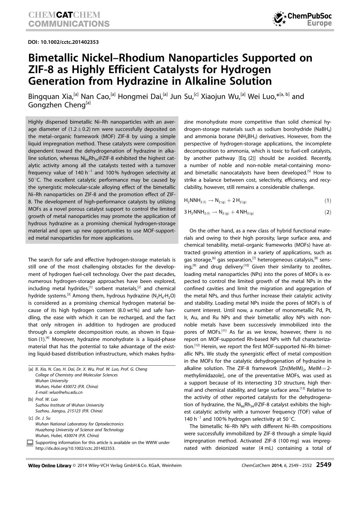 Bimetallic NickelRhodium Nanoparticles Supported on ZIF8 as Highly Efficient Catalysts for Hydrogen Generation from Hydrazine in Alkaline Solution by Unknown